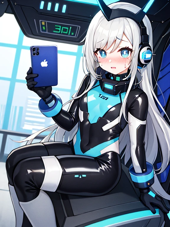(Equestrian machine):1.3、乗馬マシーンにstraddle、straddle:1.3,Tubes and cables、holds the smartphone in her hand、(Interior of white cyberpunk futuristic space station)、1 girl、solo、full body painting、chest、Sweat、tears、heart-shaped pupil、Ahegao、Steamed body、(blue and black bodysuit):1.2、(Futuristic latex bodysuit space suit):1.1,headphone、V arm、(blush:1.3)