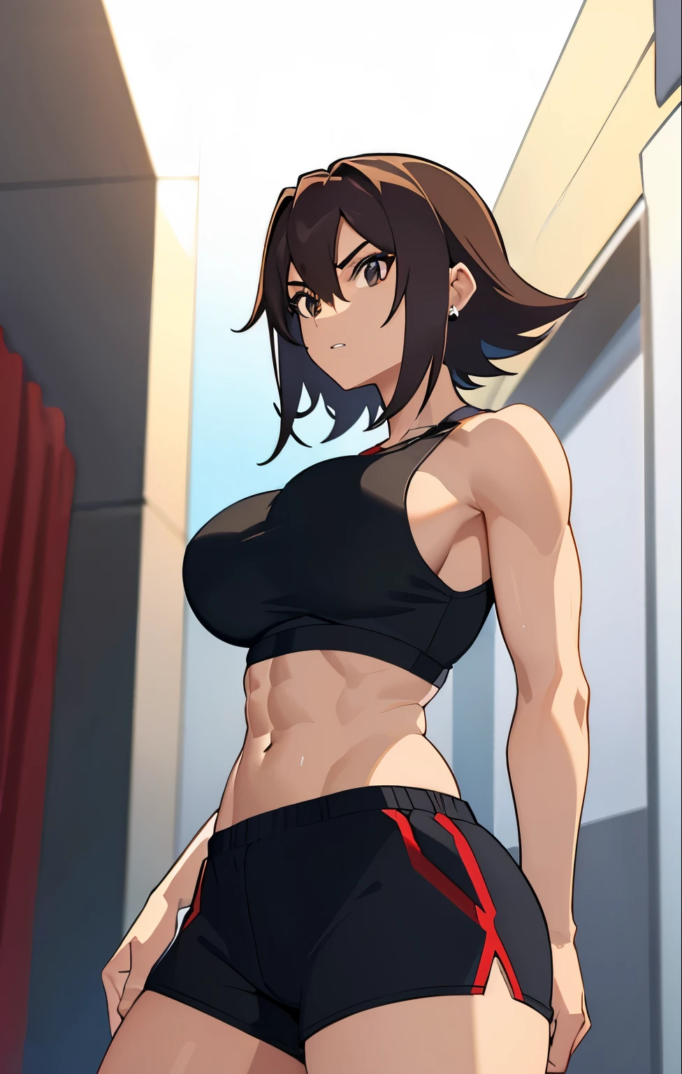 stupid, Gym, fit girl, muscular!!, muscular!, muscular女性, workout, Seductive Anime Women, big breasts, had very large breasts, muscular sweat lara croft, Woman with short red hair, Brown-eyed woman, Portrait of a seductive woman, clothing:Black Sports Bra, woman wearing shorts, IG model | ArtGerm, Charming anime women, rei hino as a princess,