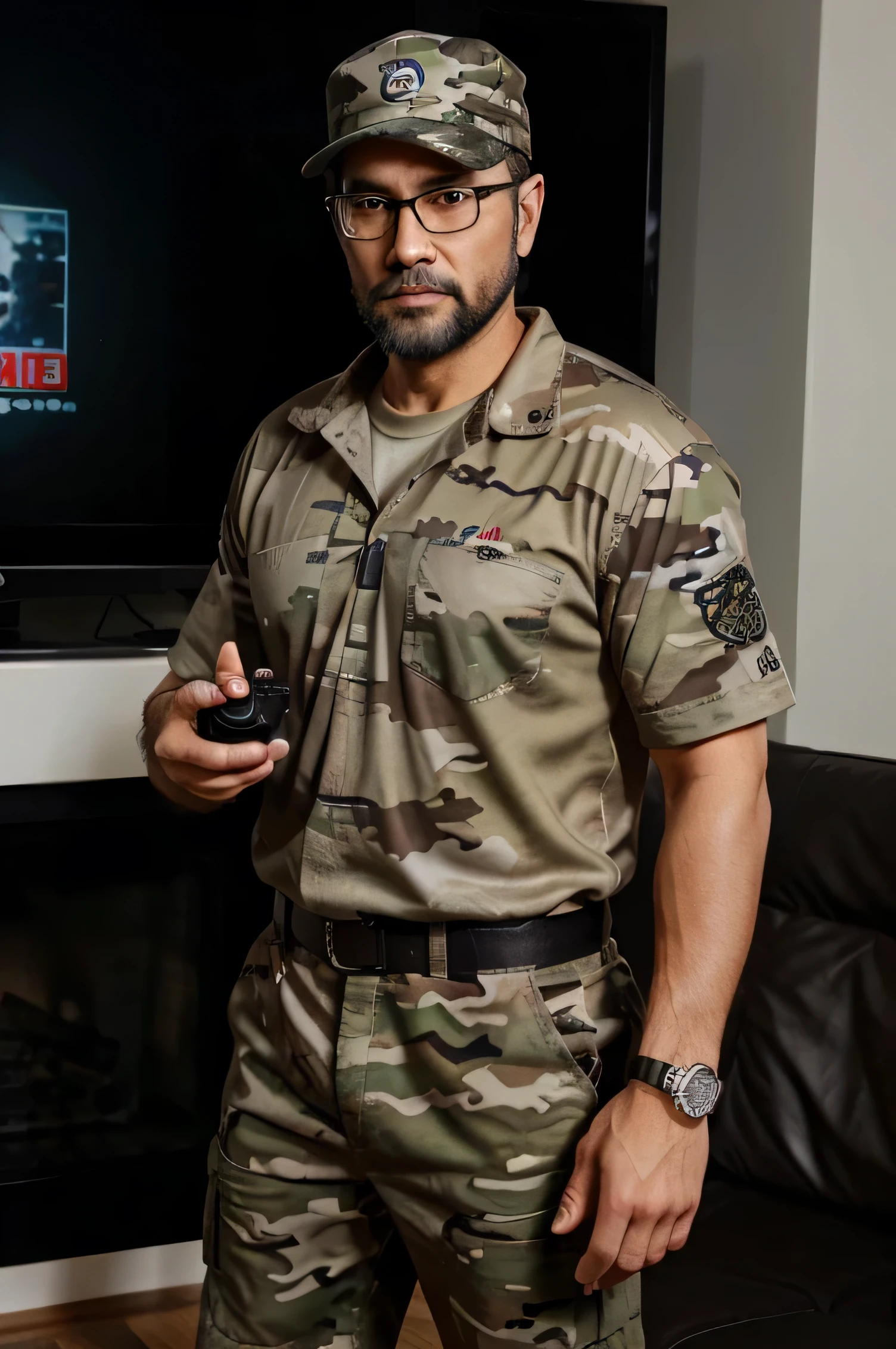 Crie um personagem masculino realista de corpo inteiro com 45 anos e pele branca, olhos castanhos, com uma barba preta curta, short black hair and prescription glasses, with a video game controller in hand, wearing a camouflage hat with the logo containing the phrases Suindara Games