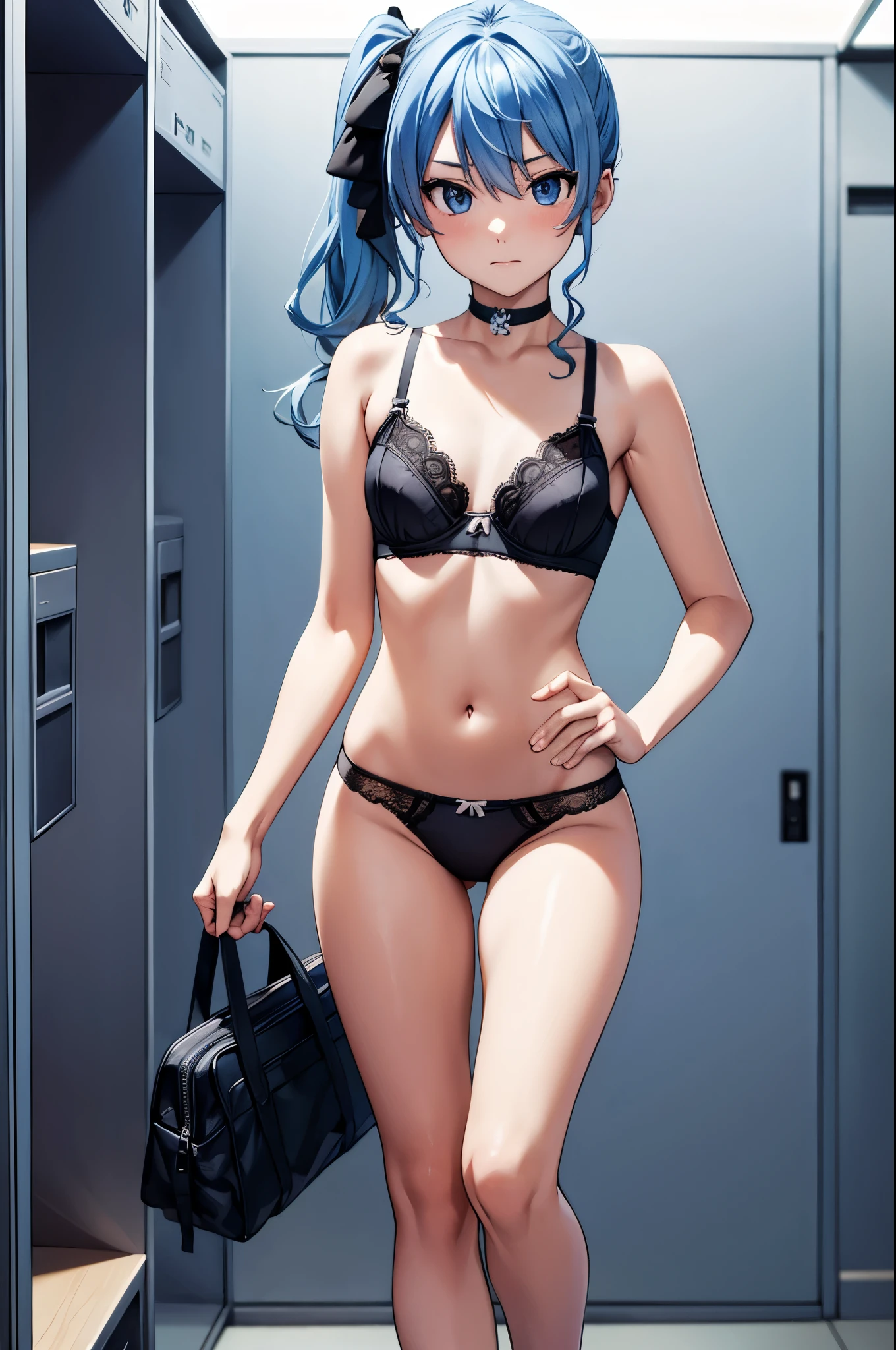 masterpiece, best quality, 1girl, solo, hoshimachisuisei, suisei hoshimachi, blue eyes, blue hair, choker, hair between eyes, medium hair, side ponytail, flat chest, sexy black underwear, black panties, black bra, black socks, full body, standing frontally, looking at viewer, whole body can be seen, rape face, locker room, detailed hands, five fingers