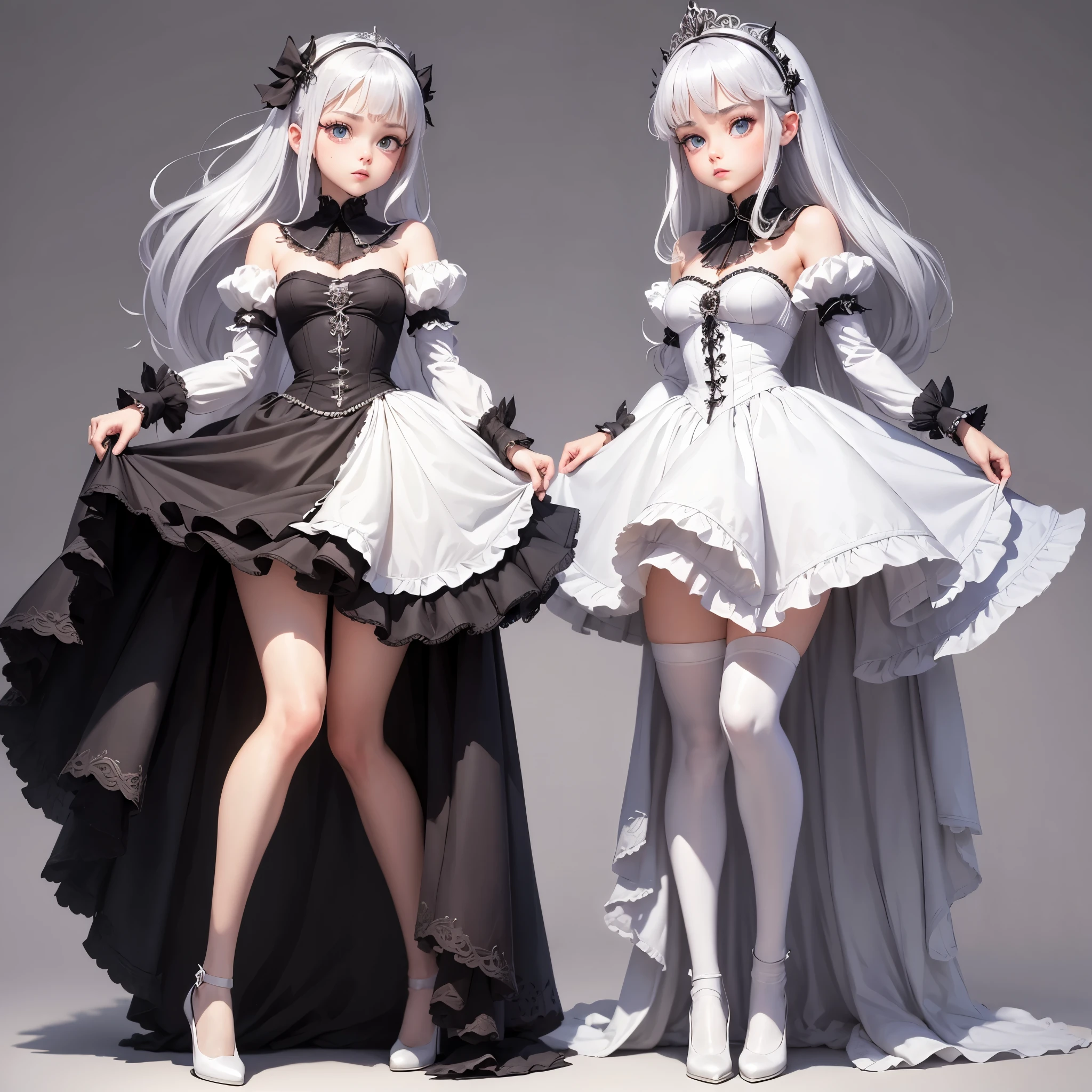 ((Masterpiece)), (highest quality))), (Character design sheet, national costume, same character, front, side, back), illustration, 1 girl, full body, silver hair, eye hair, beautiful eyes, princess cut, environmental change scene, short skirt, shyness, woman, girl, standing, goth , V-tuber, chartaan betarola, (simple background, white background: 1.3) ( Masterpiece:1.2), (Best Quality:1.3)