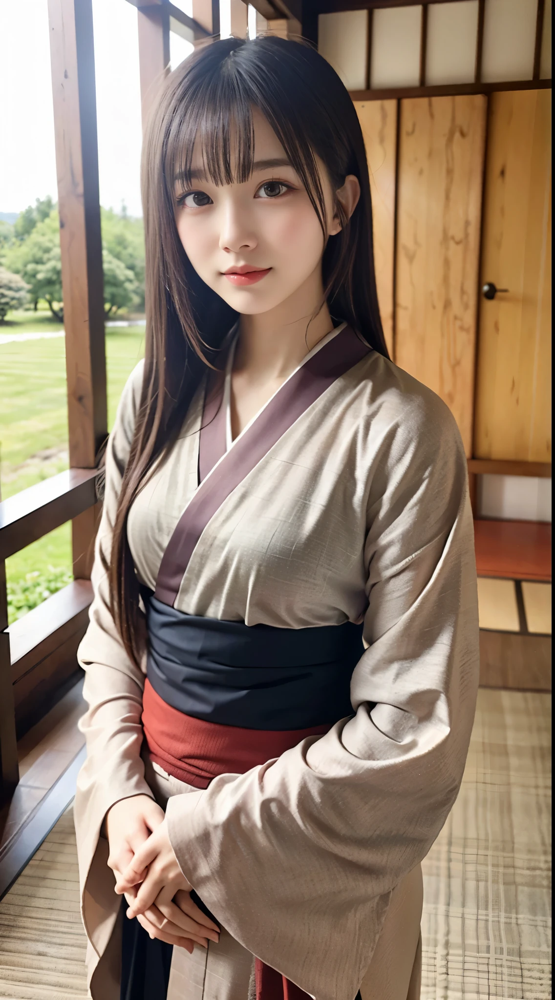 1 beautiful young girl, Super beautiful detailed face, smile shyly, (Slender body:1.2), (kimono:1.3), dark brown hair, long hair, (Fine face:1.2), conceptual art, High quality, Realistic, extremely detailed CG unified 8k wallpaper, highly detailed, High-definition raw color photos, professional photography, Realistic portrait, Cinematic Light, Beautiful detailed, Super Detail, high details, depth of fields, illumination, fullbody, break, shrine, first visit of the year to a shrine, the torii gate