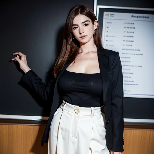 Anne Hathaway aged 19, SFW, tucked in taut blouse, tight fabric, formal business attire, slacks, photorealistic, professional photo, medium cowboy shot, very long hair, (brushed hair), (auburn hair:1.2), (tall:1.2), slim, classroom, chalkboard, teacher, clothed breasts, (huge tits:1.2), (top heavy:1.2), (oppai proportion:1.2), (gigantic sagging breasts:1.2), unbuttoned oversized blazer