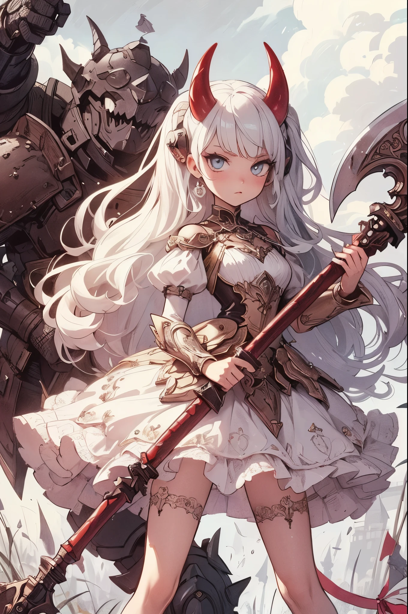 (Detailed illustrations,Very detailed and detailed drawing,Delicate lines with slow and rapid,Realistic texture expression),[Color tressed main line],(Fantasy World Battlefield Background [Burning castle]),(GIRL ROBOT  (White Devil [METALFACE] (SKINNY)) [WEAPON MACHINE][milky],[BODY with EDGE [Transparent material]],[use an ax as a weapon],[[Mobile Weapon Gigant Size][Science Fiction Mechanical]],(Pearl luster on the body surface),(Intricate and beautiful decoration [Dense detail]),(Precisely drawn face)[Perfect eye details(Iris beautifully drawn in every detail)[Jewel-like eyes]],[long and beautiful eyelashes],[Meticulously drawn hair [More on beautiful and shiny hair]],(Perfect hand details [Beautiful fingers without breakdowns [Beautiful nails]]),(Perfect Anatomy(Perfectly proportioned))[[full body portrait]],[Ideal color coordination(Accurate simulation of light-material interactions)],[Visual art that conveys a sense of narrative].