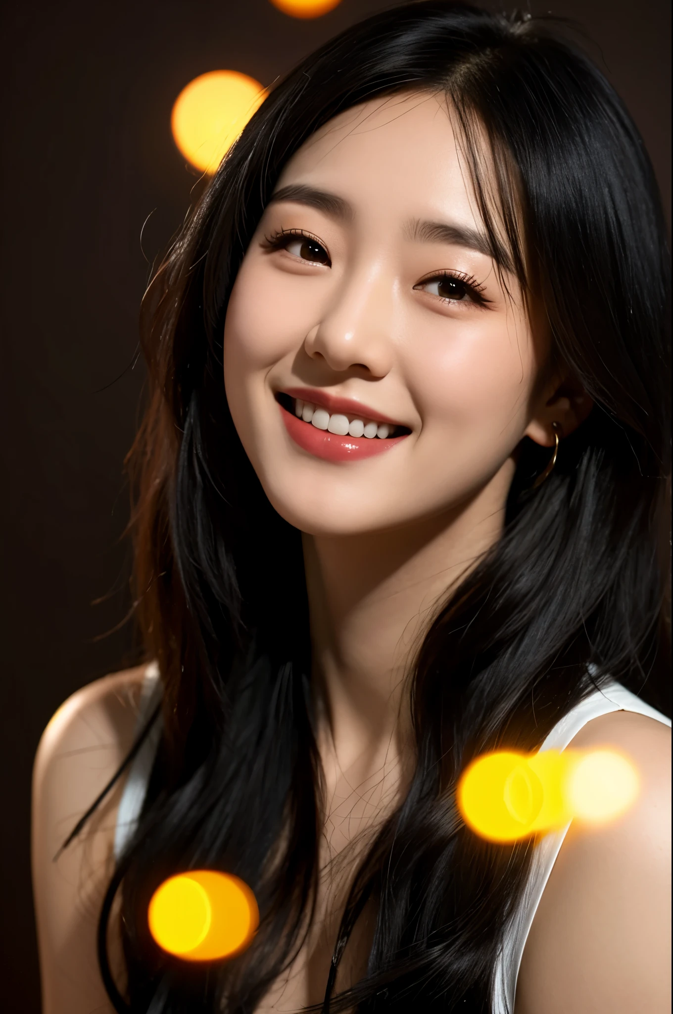 30-year-old lady, injection, black eyes, black hair, Warm background, giggle