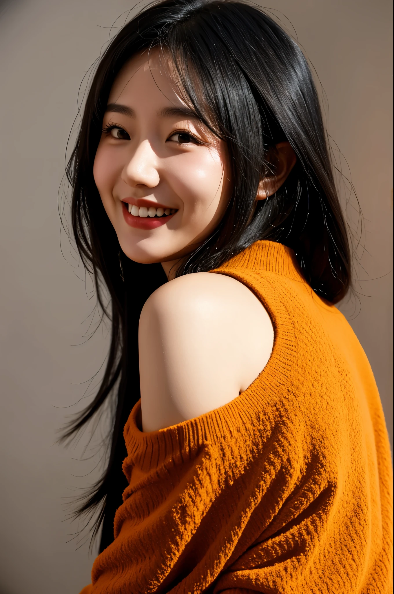 30-year-old lady, injection, black eyes, black hair, Warm background, giggle