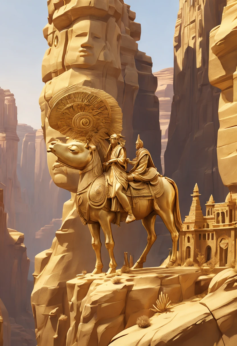 Desert Canyon, sculpture of ancient traveler on Canyon, enhance, intricate, (best quality, masterpiece, Representative work, official art, Professional, unity 8k wallpaper:1.3)