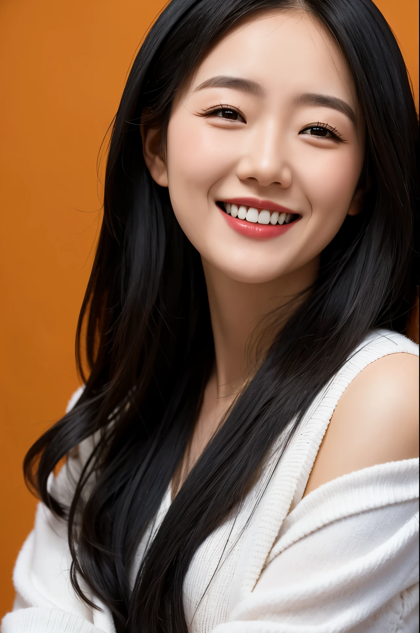 30-year-old lady, injection, black eyes, black hair, Warm background, giggle