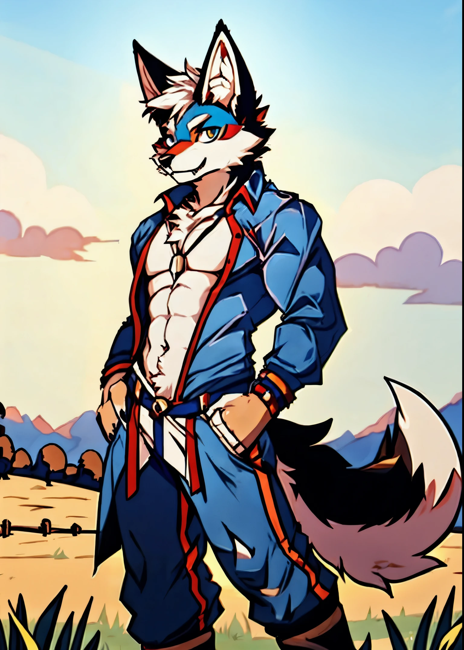 Human-wolf,musculouull Body Furry,paws with claws,pass upright,The upper body naked,field