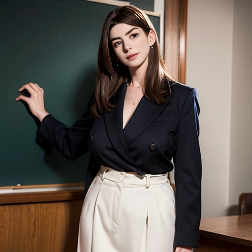 Anne Hathaway aged 19, SFW, tucked in taut blouse, tight fabric, formal business attire, slacks, photorealistic, professional photo, medium cowboy shot, very long hair, (brushed hair), (auburn hair:1.2), (tall:1.2), slim, classroom, chalkboard, teacher, clothed breasts, (huge tits:1.2), (top heavy:1.2), (oppai proportion:1.2), (gigantic sagging breasts:1.2), unbuttoned oversized blazer