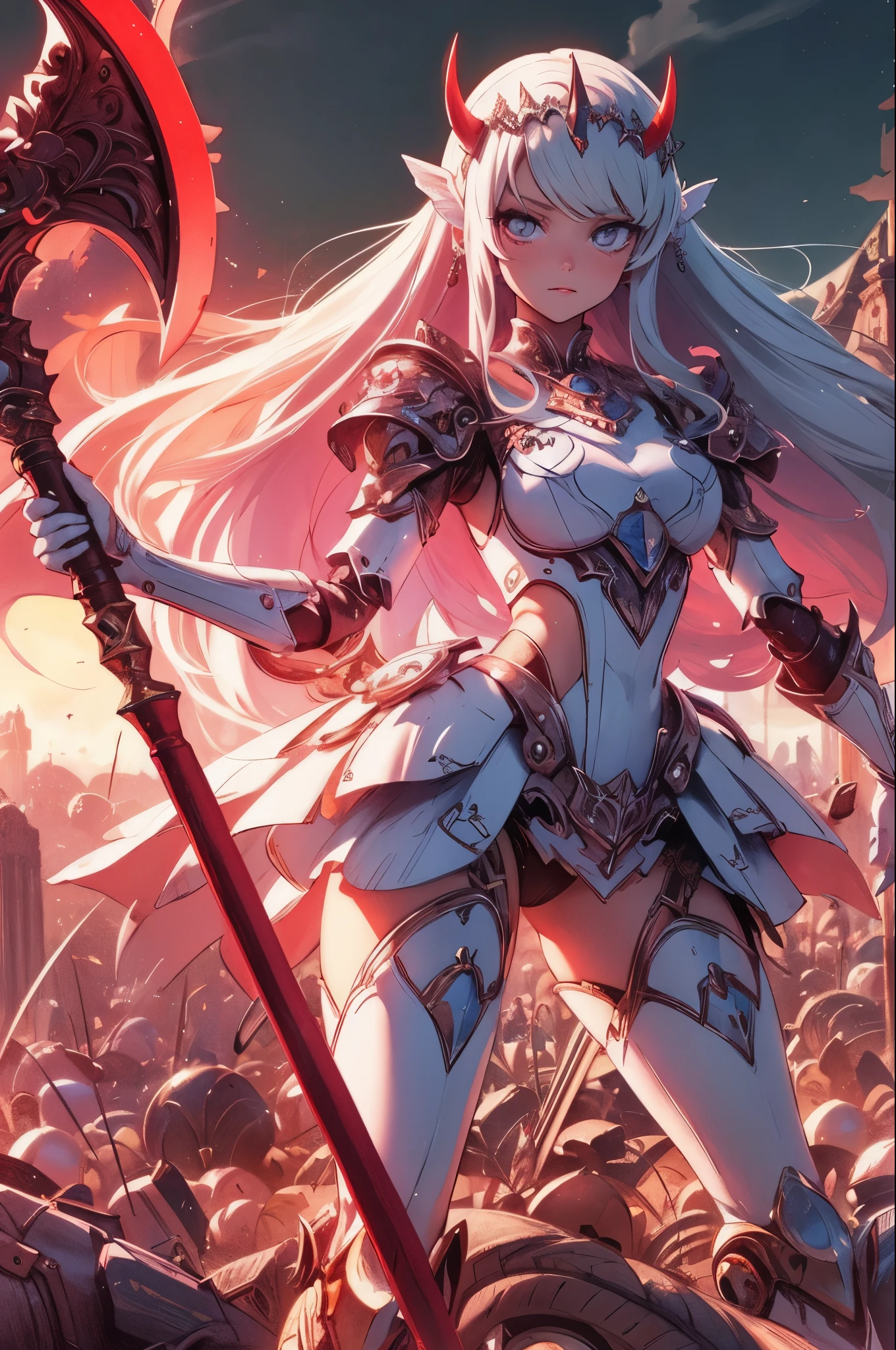(Detailed illustrations,Very detailed and detailed drawing,Delicate lines with slow and rapid,Realistic texture expression),[Color tressed main line],(Fantasy World Battlefield Background [Burning castle]),(GIRL ROBOT  (White Devil [METALFACE] (SKINNY)) [WEAPON MACHINE][milky],[BODY with EDGE [Transparent material]],[use an ax as a weapon],[[Mobile Weapon Gigant Size][Science Fiction Mechanical]],(Pearl luster on the body surface),(Intricate and beautiful decoration [Dense detail]),(Precisely drawn face)[Perfect eye details(Iris beautifully drawn in every detail)[Jewel-like eyes]],[long and beautiful eyelashes],[Meticulously drawn hair [More on beautiful and shiny hair]],(Perfect hand details [Beautiful fingers without breakdowns [Beautiful nails]]),(Perfect Anatomy(Perfectly proportioned))[[full body portrait]],[Ideal color coordination(Accurate simulation of light-material interactions)],[Visual art that conveys a sense of narrative].