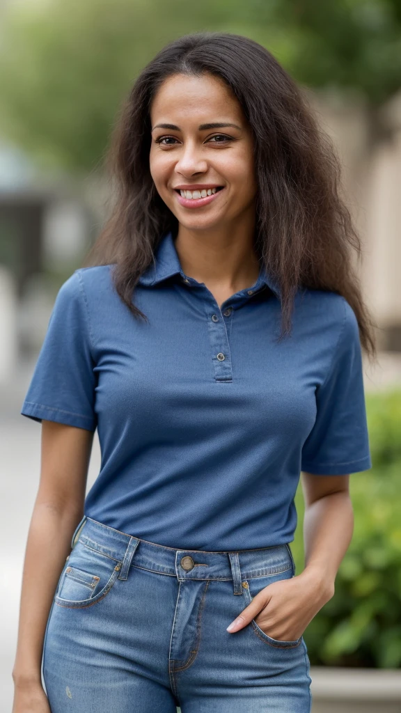 a woman smiling talking on her phone, this person does not exist, short, ite, wearing a blue collared tshirt and jeans, mixed-race woman, malika favre-miranda meeks-alana fletcher-sara ali-karolina cummings-alexis franklin merged, entire body visible, full body, hyperrealistic, best quality, 8K, real human skin, masterpiece, extremely intricate, medium closeup, detailed eyes, detailed face, detailed body, exaggerated features, pronounced features