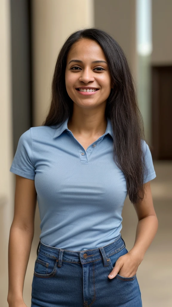 a woman smiling talking on her phone, this person does not exist, short, ite, wearing a blue collared tshirt and jeans, mixed-race woman, malika favre-miranda meeks-alana fletcher-sara ali-karolina cummings-alexis franklin merged, entire body visible, full body, hyperrealistic, best quality, 8K, real human skin, masterpiece, extremely intricate, medium closeup, detailed eyes, detailed face, detailed body, exaggerated features, pronounced features