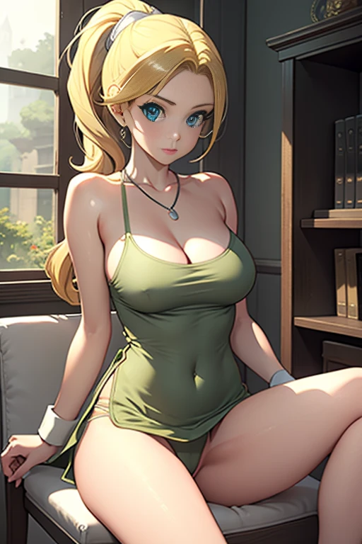 Bianca \(dragon quest\), bianca, dragon quest, (masterpiece, best quality, 4k, photorealistic, cinematic, ultra-detailed), wide shot, full body, perfect anatomy, curvaceous body, perfect eyes, perfect hands, large chest, long round legs, 1 girl, blonde hair, sitting in an office chair, ivory silk camisole top, olive green cropped trousers, tan strappy heels, effortless half-up half-down hairstyle, delicate layered necklace