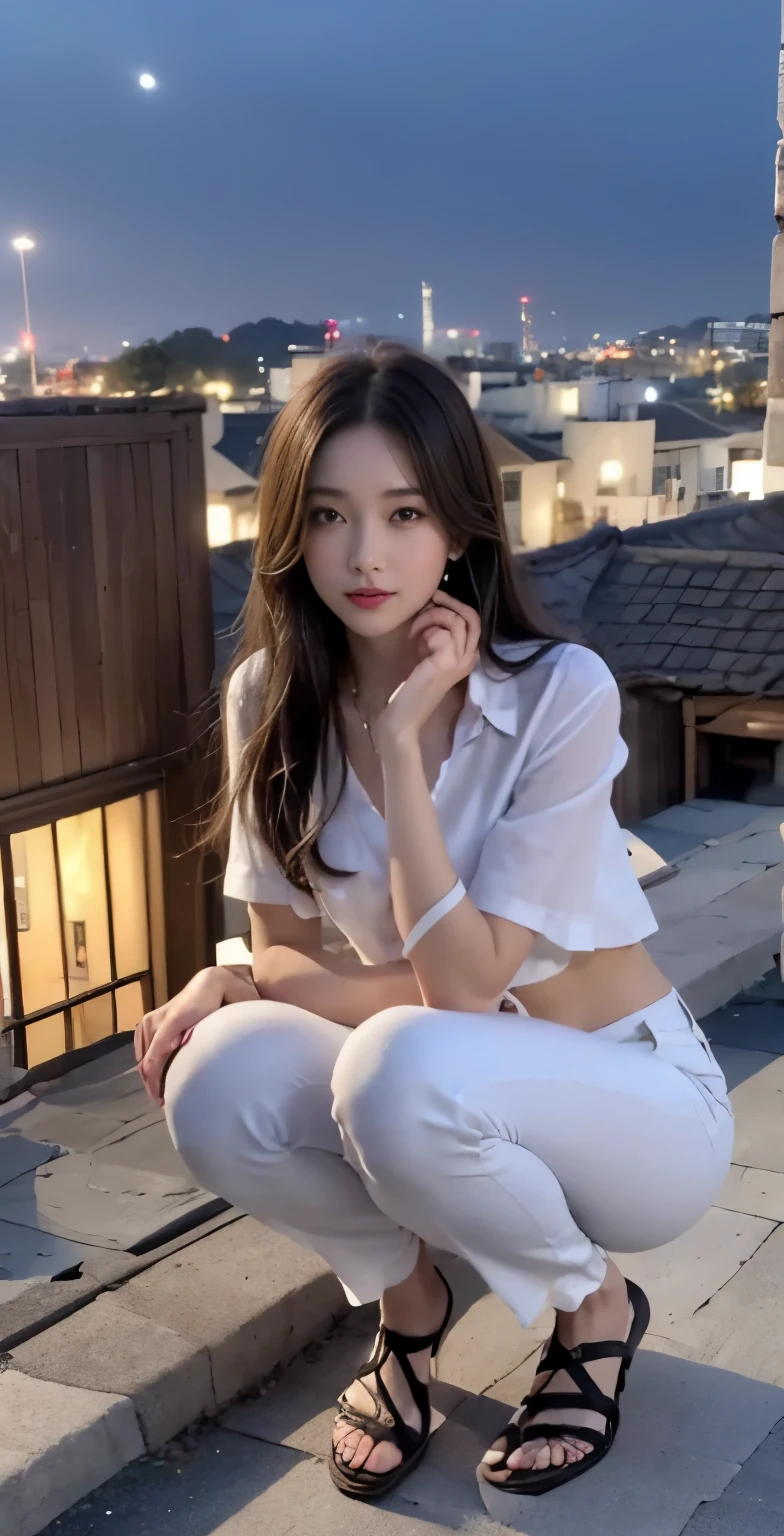 ((midnight, need, 8k, masterpiece:1.3)), full body lesbian, long legs, focus:1.2, ite short girl,skinny:1.4, slim abs:1.1, ((medium length straight hair,dark brown hair, medium:1.2 )), (White loose button-down shirt,Low rise washed blue flared pants,detailed clothing:1.2), (stand up:1.2), ((city night view, roof:1.3)), Highly detailed facial and skin textures, delicate eyes, double eyelideautiful facial features,with a smile on his face,Shapely slim fit mop flare pants,wear sandals,Show your white toes,Photographed from multiple angles,Show off your slender waist and beautiful narrow hips,pose,full-body shot
