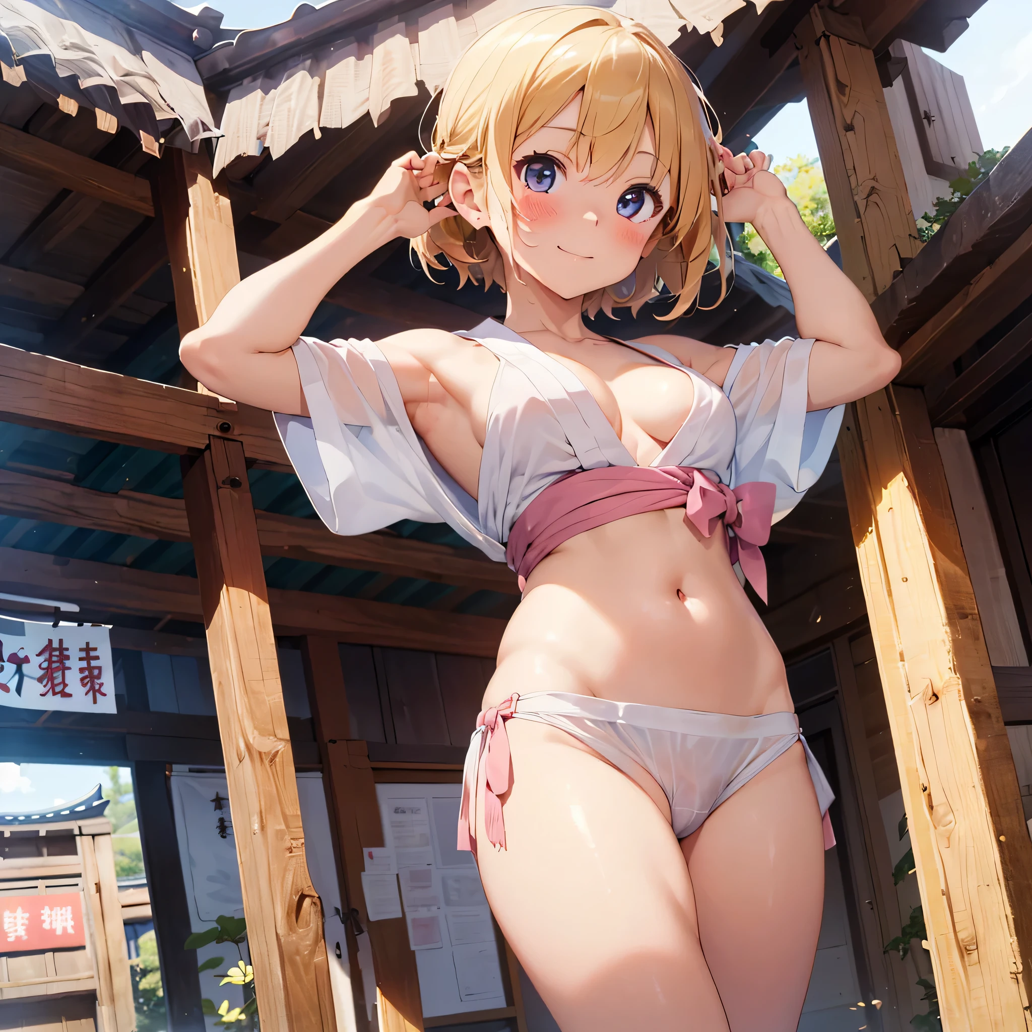 (masterpiece:2.0), (highest quality:2.0), (getting naked at a shrine:1.5), (pink berry short kimono:1.5), (Super Sexy Pose:1.5), (look up from below:1.5), (Perfect exposed shoulders:1.5), (Perfect exposed nape:1.5), (blush:1.5), (cover your crotch with your hands:1.5), (cover your chest with your hands:1.5), (spill:1.5), (realistic:1.5), You can see on the side, 1 , precise little hands, embarrassed look, light smile, A surprised face to see me, very cute girl, innocent face, young face, clear eyes, shining eyes, small breasts, I can see your shoulders, Tummy is visible, I can see the cleavage, Pubic hair does not grow, dynamic posing, beautiful skin, Super fine, highest resolution, Japan High School Student, golden hair