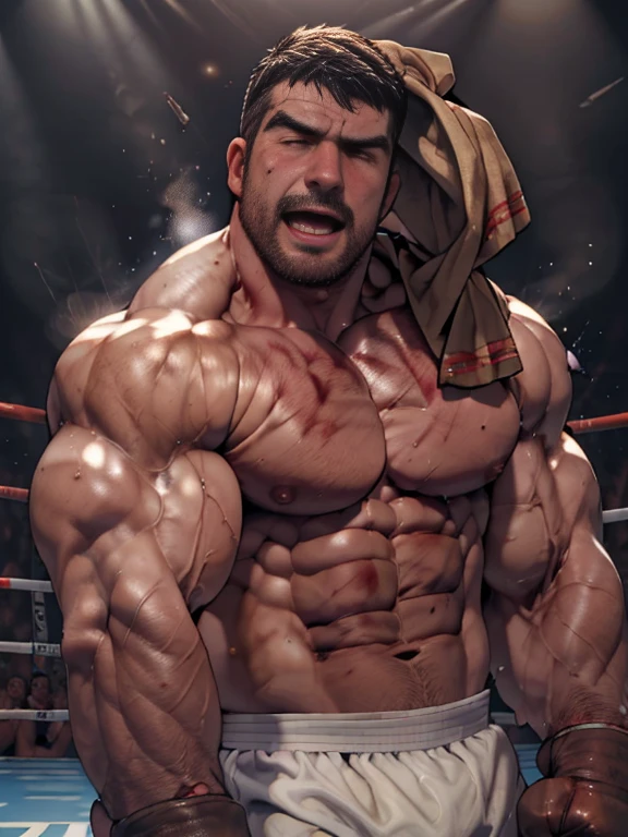 3D Photorealistic, Masterpiece realistic, hi-res, best high quality, perfect details, RAW Photo, intricate details, nice lighting, 4K, detailed background, In the championship boxing match, A determined muscular boxing champion 45-year-old man, perfect wrinkle wearing pure white boxing trunk and red boxing gloves, wide abs (wide abs:1.2), crowded audiences and nice lighting, nice face lighting, serving a boxing battleground, very nice eyes, flickering glow adding to the atmosphere of raw energy, he is defenseless as his arms drop after taking a brutal uppercut to his precious abs (brutal uppercut:1.6) (defenseless:1.7), Intricate details, details of physic muscle, perfect body anatomy, perfect hand anatomy, hot beard, (look at viewer:1.6), (straight face:1.2), mouth open (mouth open:1.6), exhausted (exhausted:1.9), bruise (bruises:1.9), shirtless (shirtless:1.9), bodily fluid (bodily fluid:1.8), bloody body (bloody body:1.9), bruised body (bruised body:1.99), bruised on abs (bruised on abs:1.99), bloody abs (bloody abs:1.9), nose bled (nose bled:1.8), bled mouth (bled mouth:1.7), his precious ribs broken (ribs broken:1.5), taking brutal damage (taking brutal damage:1.8).