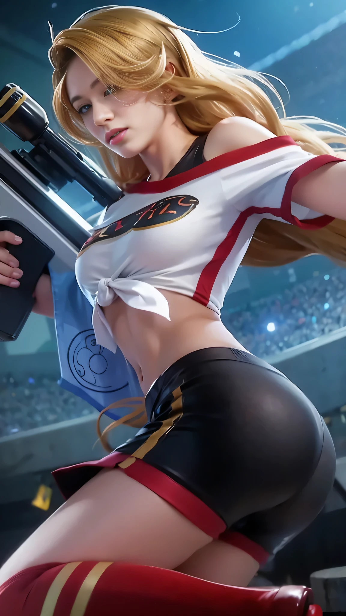 masterpiece, 8k, realistic, girl with a gun in her hand and a baseball field in the background