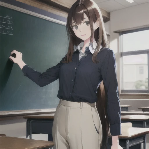 Anne Hathaway aged 19, SFW, tucked in taut blouse, tight fabric, formal business attire, slacks, photorealistic, professional photo, medium cowboy shot, very long hair, (brushed hair), (auburn hair:1.2), (tall:1.2), slim, classroom, chalkboard, teacher, clothed breasts, (huge tits:1.2), (top heavy:1.2), (oppai proportion:1.2), (gigantic sagging breasts:1.2), unbuttoned oversized blazer