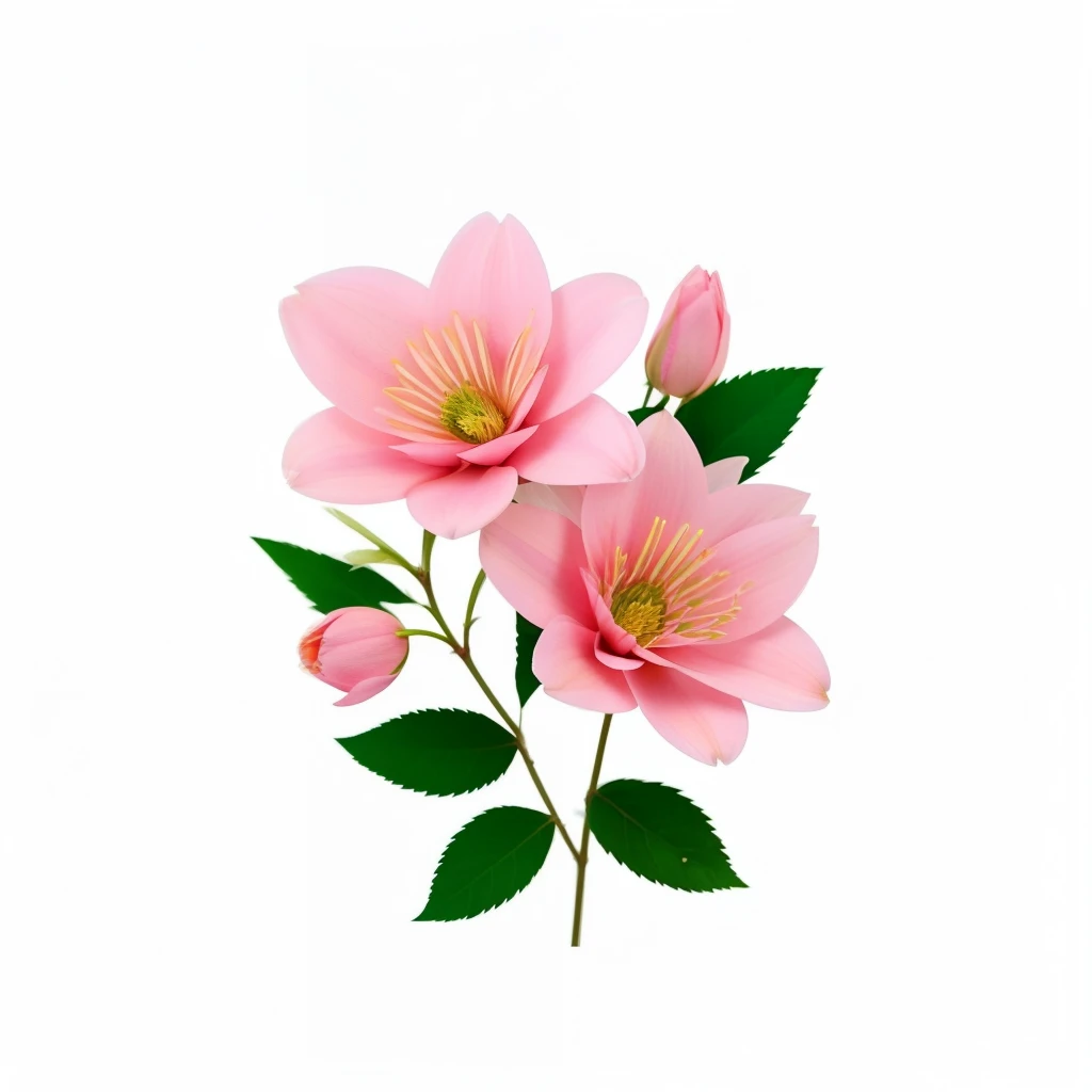 a close up of a pink flower with green leaves on a white background, decorative flowers, pink flowers, with colored flowers, pink flower, stylized flowers, floral design, decorative roses, elegant flowers, made of flowers and leaves, beautiful flower, flower decorations, blooming flowers, fantasy flowers and leaves, flowers and foliage, flower blossoms, flower elements, flower motif