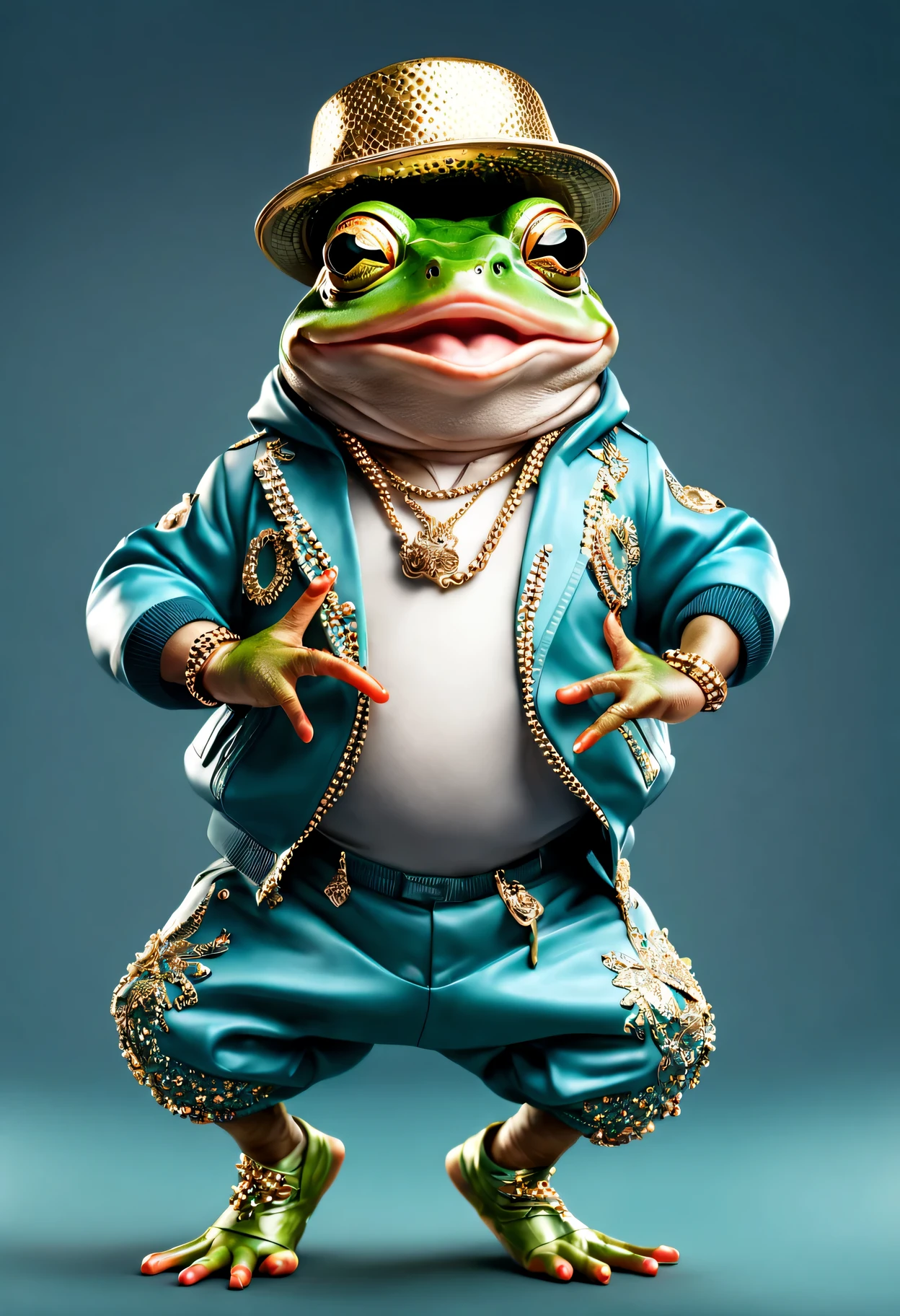 photorealistic portrait of Dressed animals - a fat baby frog hip hop dancer,(hip hop dancing dynamic action pose), high quality,(lovely) ,intricate details, highly detailed ((hip hop fashion)) ,highly detailed decorations, wearing sunglasses, (happy), studio lighting,(full body image:1.5)