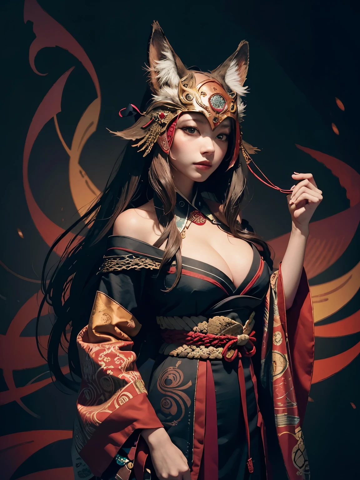 1girl, solo, official art, unity 8k wallpaper, ultra detailed, beautiful and aesthetic, masterpiece, best quality, photorealistic, (abstract background:1.5) (zentangle, mandala, tangle, entangle:0.7) Kitsune mask, fox mask, red kimono, cleavage, dark background, half body, facing front