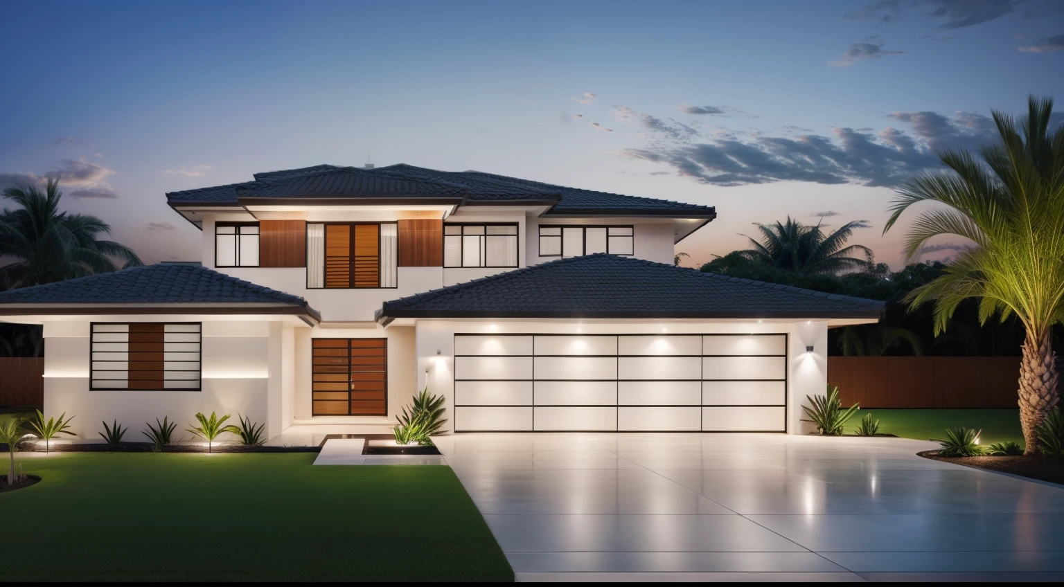 exterior of house, modern style, tropical landscape, twillight, high quality, masterpiece,