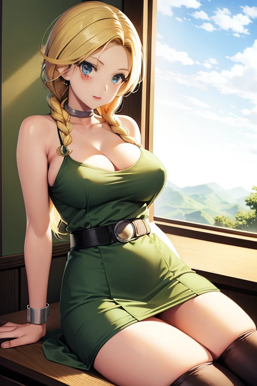 Bianca \(dragon quest\), bianca, dragon quest, (masterpiece, best quality, 4k, photorealistic, cinematic, ultra-detailed), wide shot, full body, perfect anatomy, curvaceous body, perfect eyes, perfect hands, large chest, long round legs, 1 girl, blonde hair, sitting in an office chair, ivory silk camisole top, olive green cropped trousers, tan strappy heels, effortless half-up half-down hairstyle, delicate layered necklace