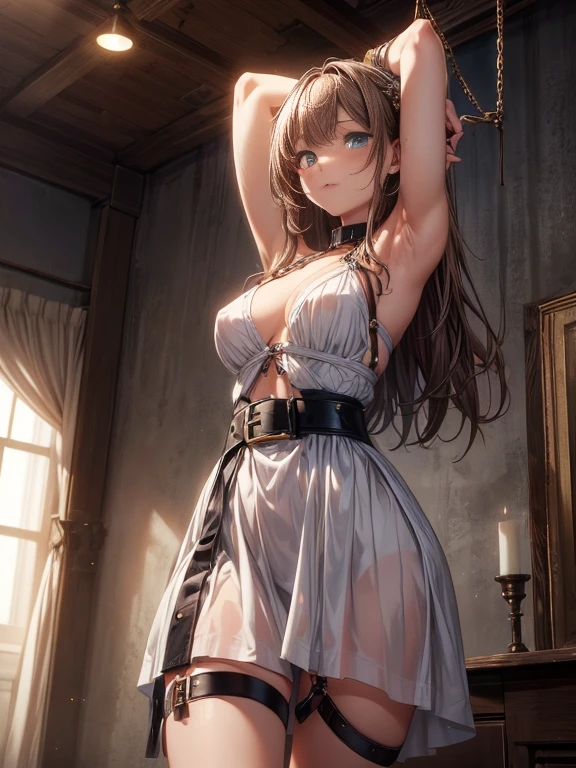 debris flies, highest quality, Highly detailed CG Unity 8K wallpaper, sexy witch , long dark blonde wavy hair、off shoulder knit, dark blue pleated skirt, stockings、medium breasts, saggy breasts, Pose that emphasizes the chest, blush, shy smile, bare shoulders, (pink lace panties、pink good、open your legs wide)、、nice magic book、Cathedral of the Church、Put your hand on the pillar and turn around、stick out your butt、、