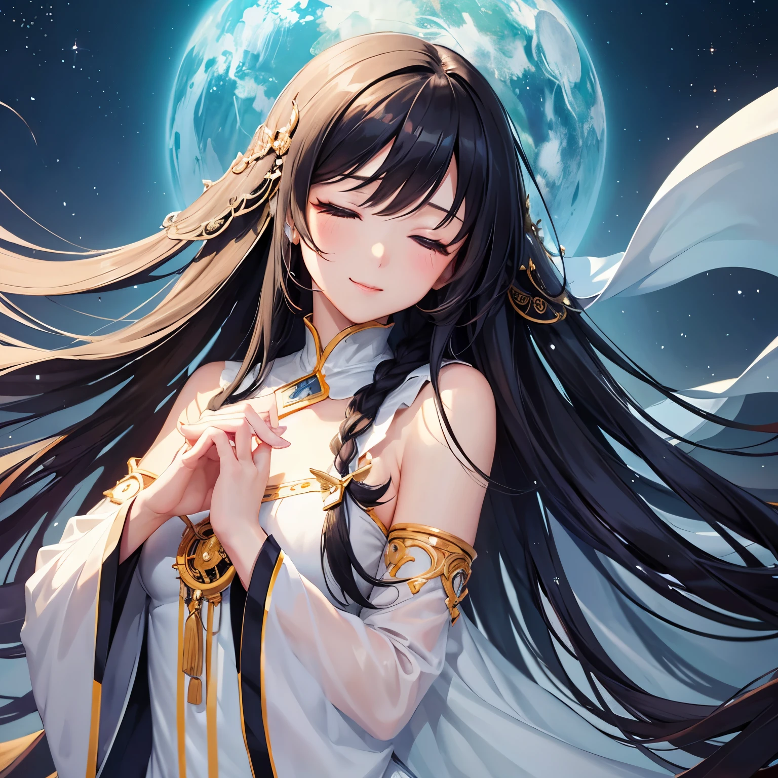 beautiful long black hair hairstyles、disorganized、Neat and clean priestess costume、emphasized chest、eyes closed、Very beautiful and delicately shining eyes、Beautiful smile with attention to detail、profile、;D、beautiful and delicate flowing hair、prayer pose、Beautiful delicate and detailed hands、very delicate and detailed fingers、turn your hand to you、solo、Super beautiful illustration、Show whole body、cute and beautiful, Beautiful face very delicate and detailed、tilting one's face upwards、fantastic background、big rainbow