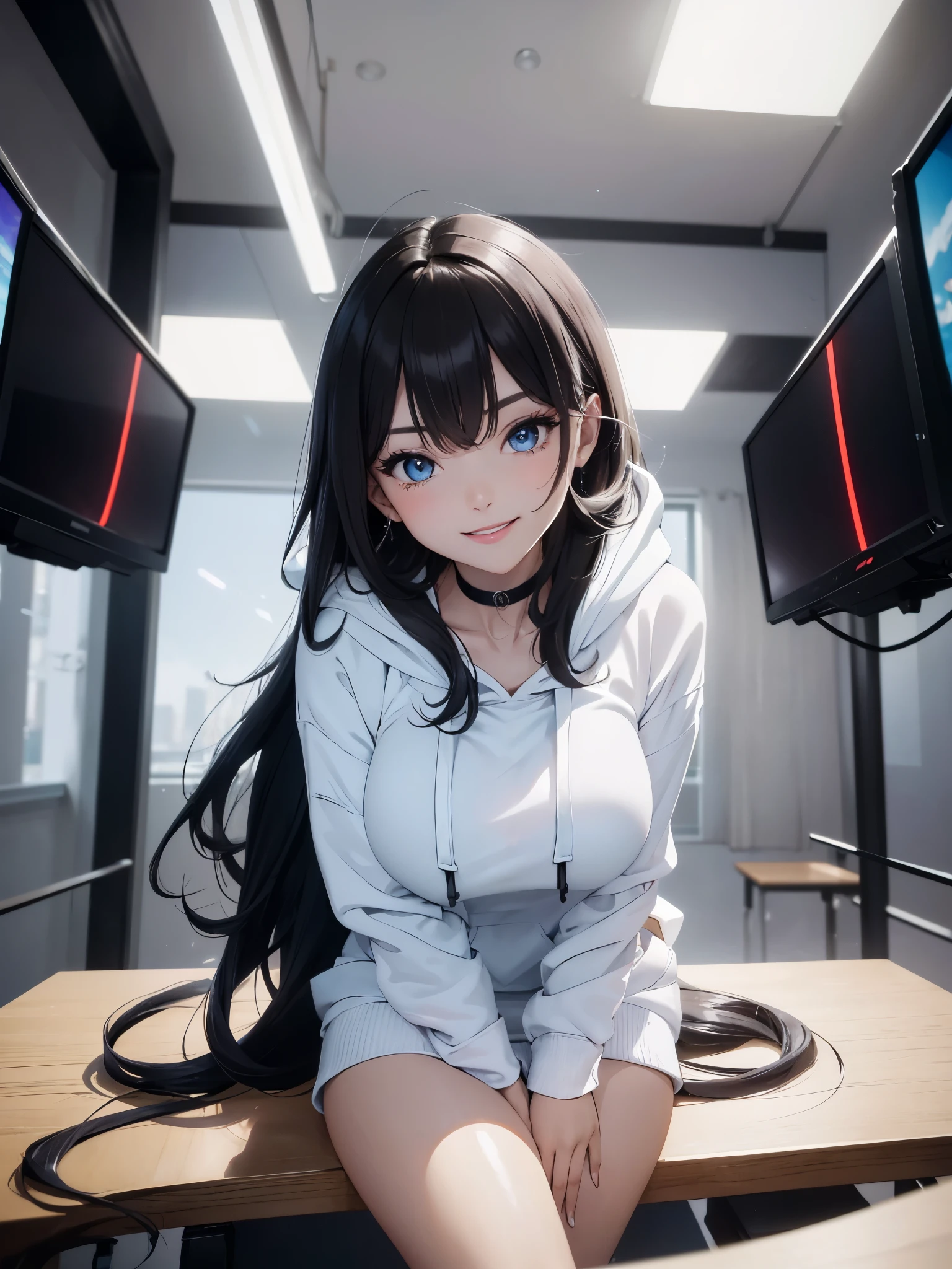 (muste piece: 1.3), (maximum resolution: 1.2), (ultra high definition tv: 1.2), cinema light, ultra high definition tv, (detailed eyes and skin), (detailed facial features), ticker, 8K resolution, perfect style, pretty face, correct, anatomically correct, Highly detailed face and skin texture, detailed eyes, double eyelids, thin eyebrows, glitter eyeliner: 1.2, natural cheeks, shiny skin, Glossy fair skin: 1.2, shiny little necklace and 璫, (glossy lips: 1.4), very close relationship, (big breasts), (upturned chest), Highly detailed face and skin texture, detailed eyes, double eyelids, natural cheeks, eyes are blue, shiny little necklace and 璫, glossy lips: 1.4, open knees、open your legs、dynamic angle,  blue eyes、wavy hair, brown hair, bangs flowing diagonally, medium long hair, 1 girl, black skin, short hair, (floating hair), red eyes, choker, evil smile, Jewelry is, Looking at viewer, evil smile, white skin, Shiny body, shiny skin, light, spark, 綺麗なwhite skin, (professional lighting), masterpiece, best quality, ((((oversized black hoodie)))), (((crazy smile))), (Sitting in a classroom), 
