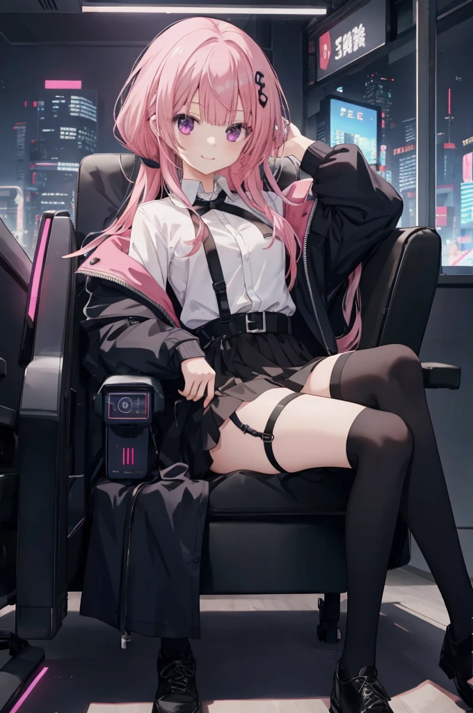 a girl,solo,long pink hair,gentle,Smile,Medium-hair long,dishiveredhair,black black jacket,white shirt,black skirt,black shoes,cyberpunk characters,night, night city background,Digital punk, anime style 4k, sit in a gaming chair,indoors,in the bedroom,black garter straps,mitsukasa ayase、Character-centric