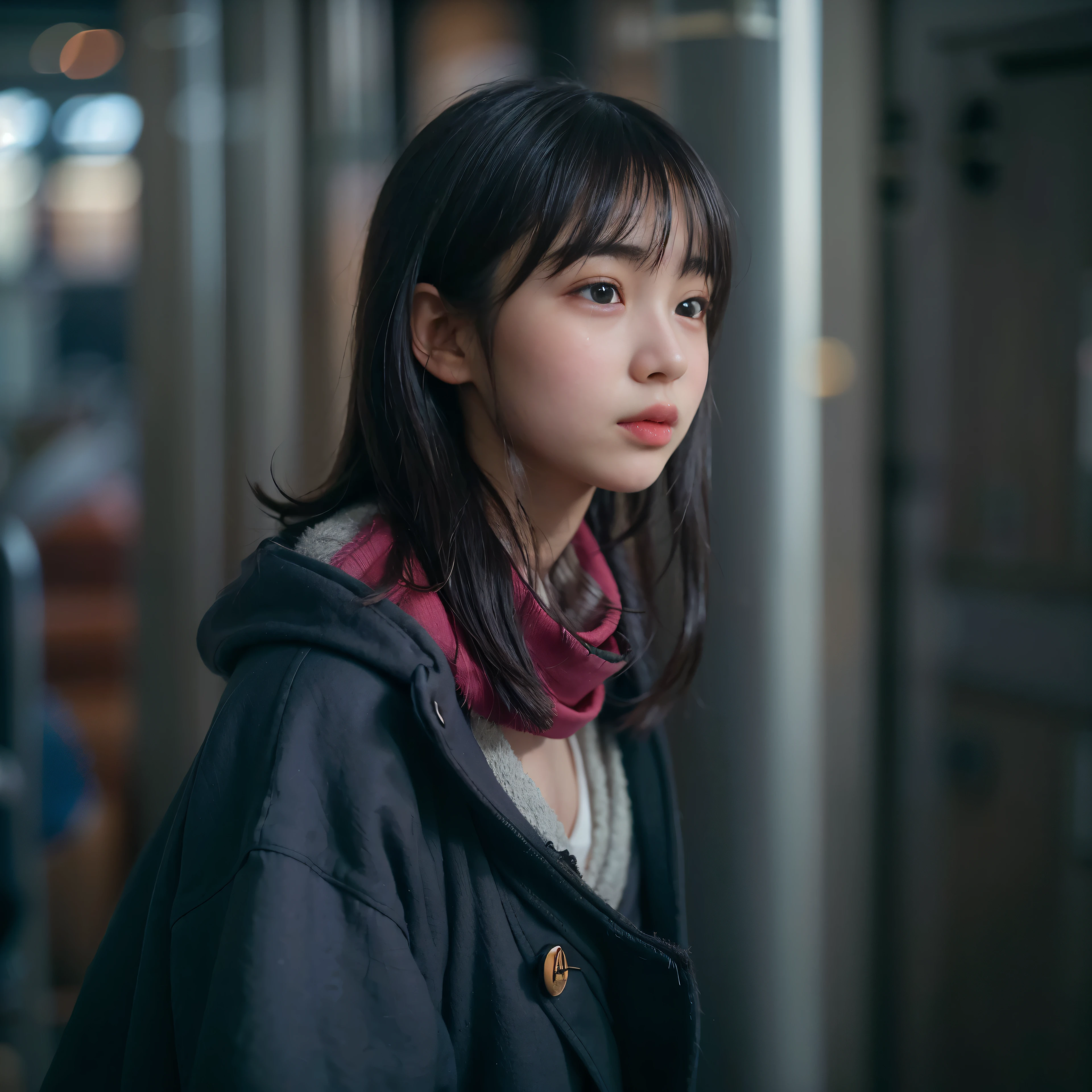 masterpiece、highest quality、super realistic、surreal、Ultra high definition、8k、Raw photo、textured skin、One Nogizaka girl,(16 years old,medium bob hair,bangs,black hair,floating hair,slim,small face,chest is small,thin waist,small ass,Are crying:1.5),(light fly duffel coat、scarf:1.2)、terminal station platform、lean on a pillar、crowd(Natural light、strong sunlight、Moving the chart, film grain、full body shot、profile、profile、It's blurry、very long shot、letterbox、negative space、Sigma 85mm F/1.4)、finder