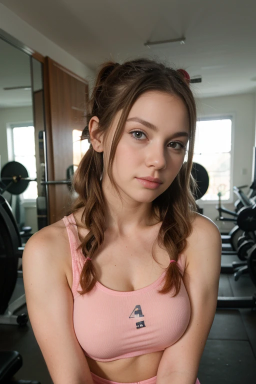 ((4k)) ((fullHD)) ((perfect face)) beautiful girl burnette wearing gym female clothes the mirror reflects a crowded gym hair this girl in style pigtails