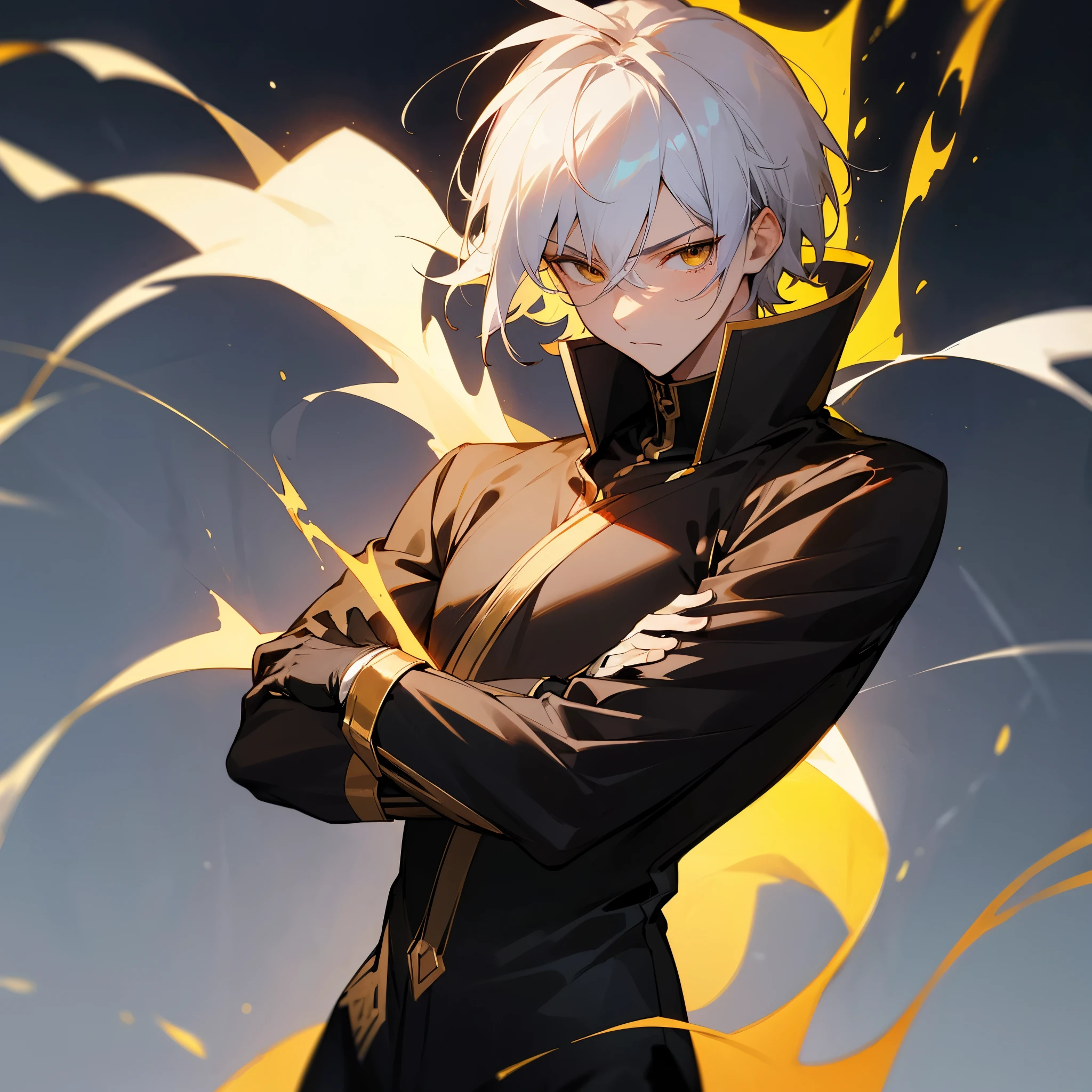Anime male, teenager, handsome, fair-skinned, resolute eyes, white hair, short hair, deep golden eyes, powerful, black suit with black gloves, golden clothes, royal style, flame, crossed arms, dark background