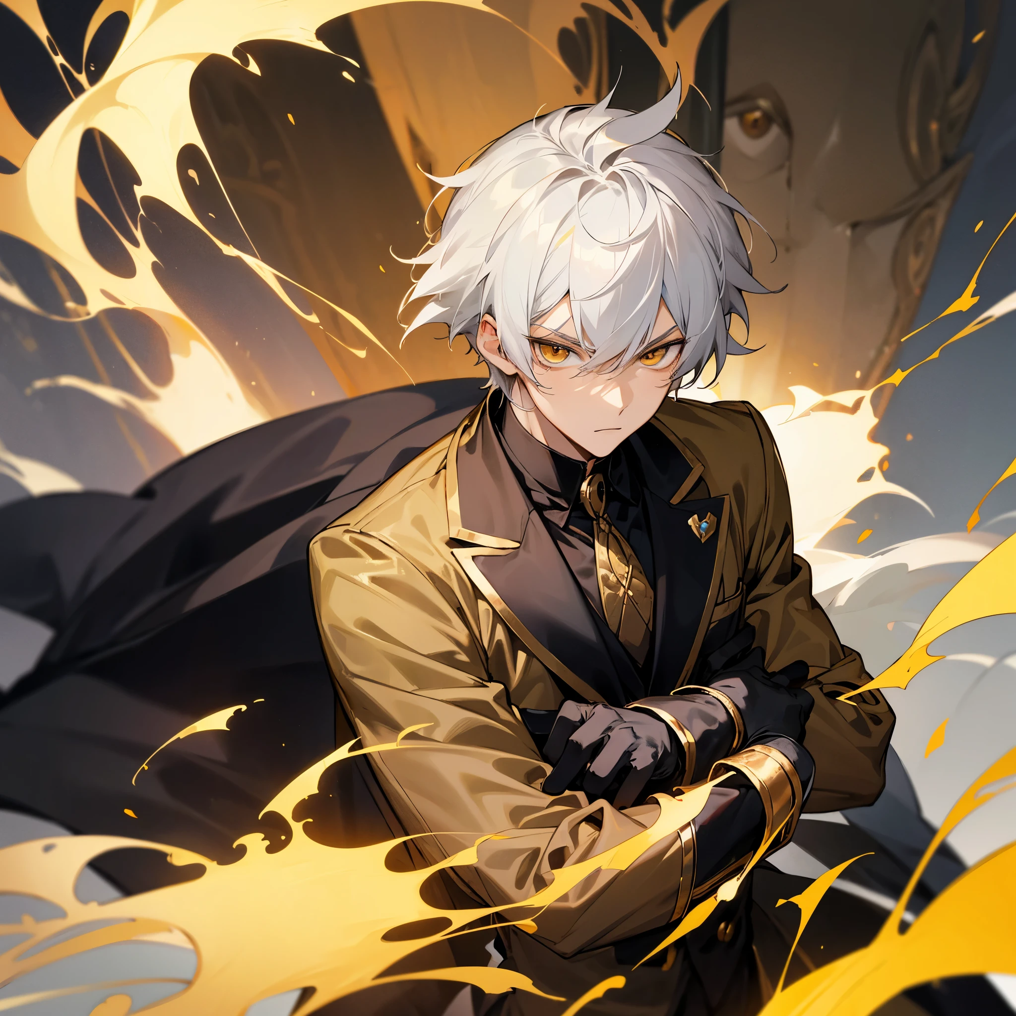 Anime male, teenager, handsome, fair-skinned, resolute eyes, white hair, short hair, deep golden eyes, powerful, black suit with black gloves, golden clothes, royal style, flame, crossed arms