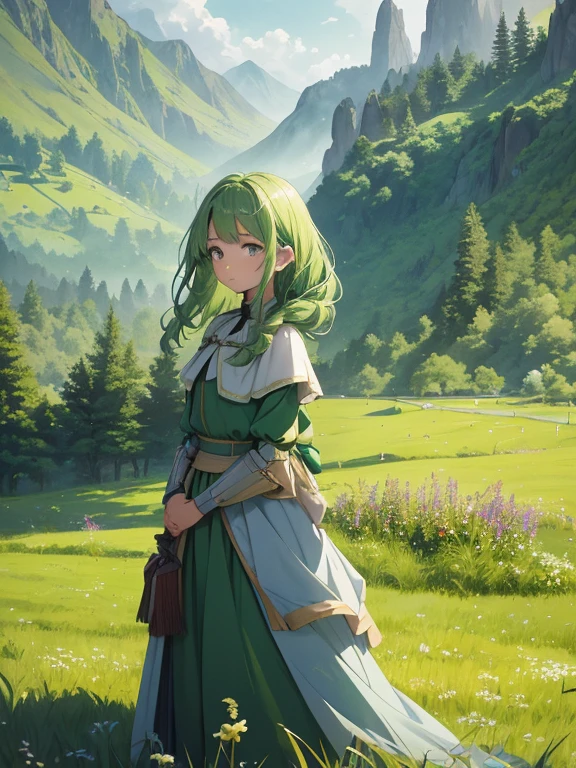 In a green meadow, a young girl stands at the head of a group of knights, standing with a brave expression, guiding them to their destination.
  Rest Behind stretches a green forest and beyond it mountains rise in the distance Pause The most appropriate effect for this scene is the watercolor technique of capturing the softness of the meadow and the fluidity of movement.