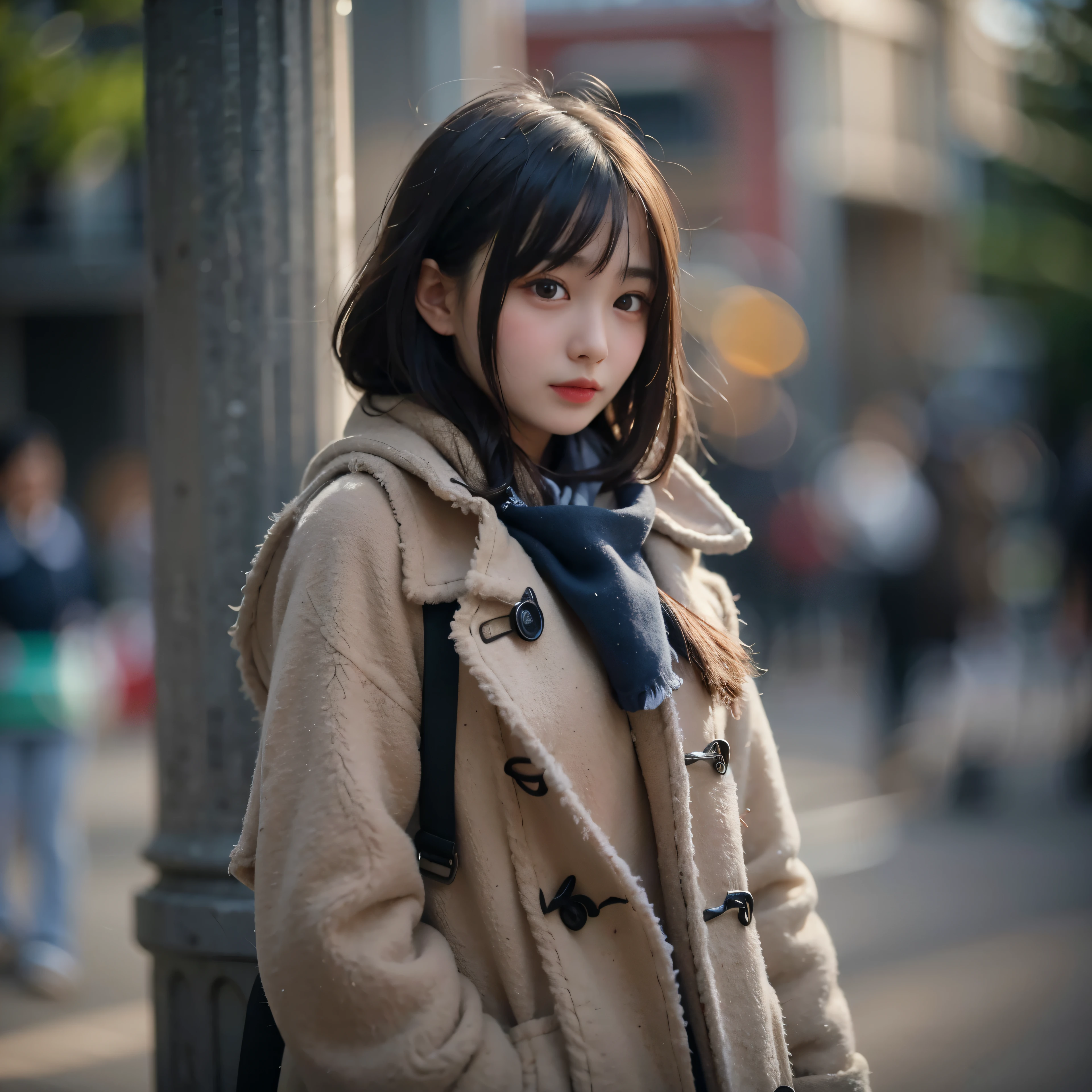 masterpiece、highest quality、super realistic、surreal、Ultra high definition、8k、Raw photo、textured skin、One Nogizaka girl、white breath、it&#39;s snowing、road covered with piles、scarf