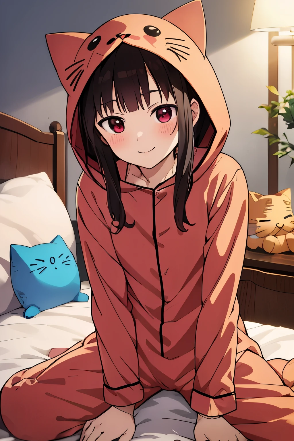 master piece, best quality, ultra high resolution, 最high quality, anime style, best writing, beautiful face, masterpiece, 最high quality, high quality, short hair with long hair,bangs,chest , blush, best smile, (Cat costume pajamas:1.3), Wearing a hood, bed, face down, Paw Ball Gloves