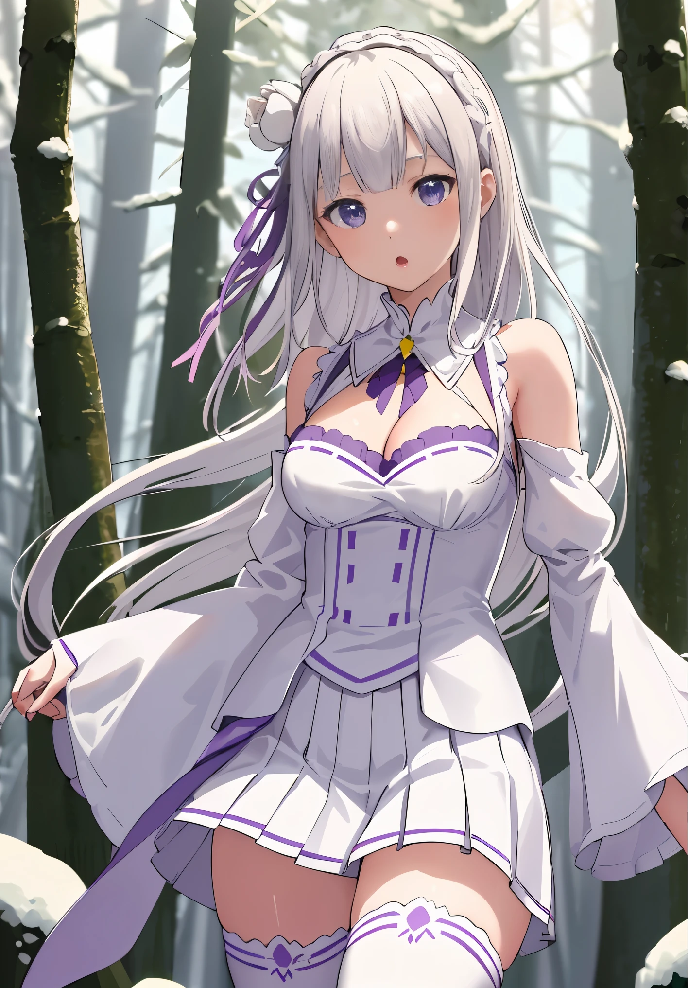 masterpiece:1.2, best quality, ((ultra detailed)), high resolution, 2d, anime style , photo, photography, detailed background ,1girl, solo, cowboy shot, :o, emilia, white dress, cleavage, pleated skirt, wide sleeves, white thighhighs, hair flower, purple ribbon, white skirt, (low-tied long hair), (snowy forest)