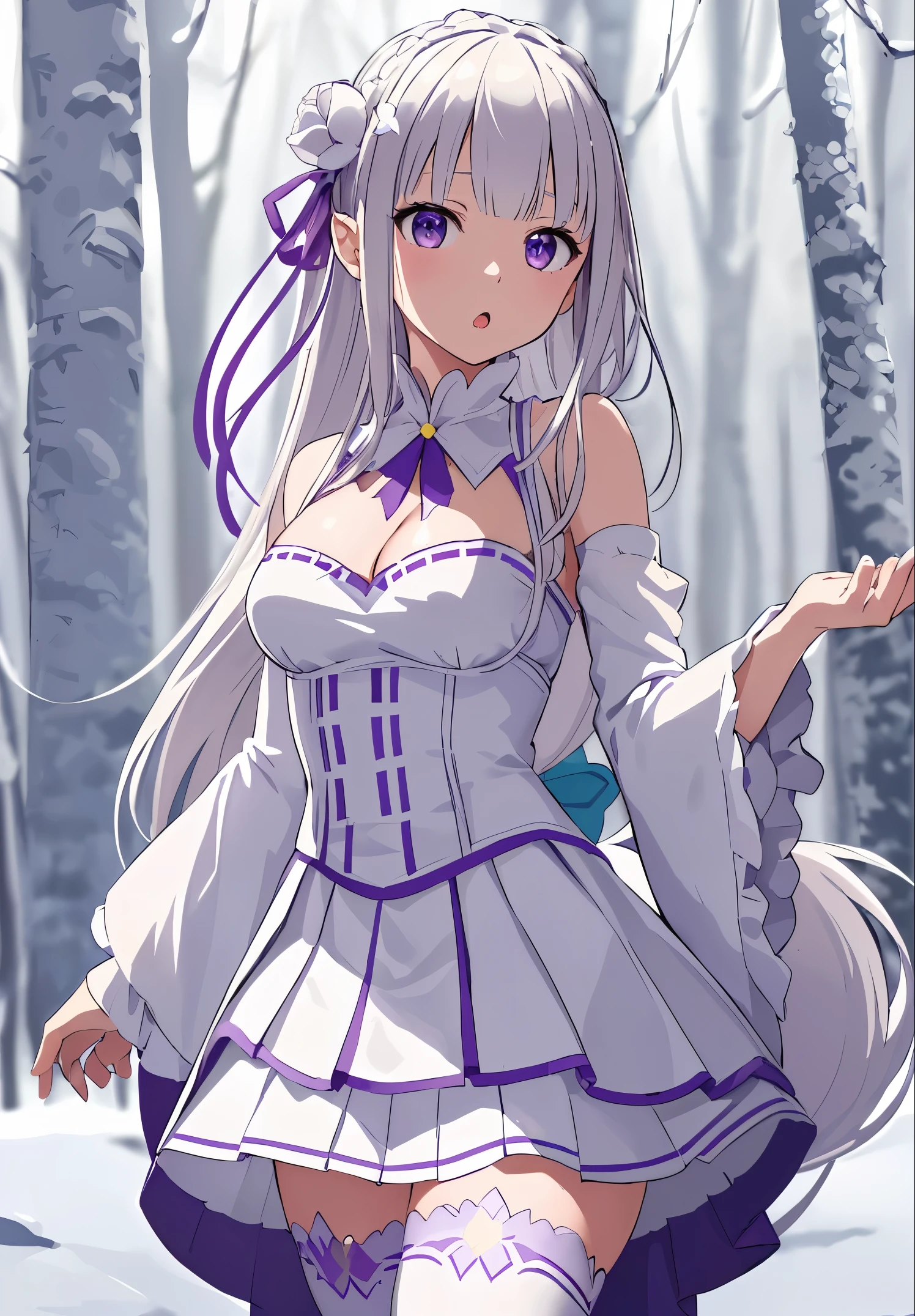 masterpiece:1.2, best quality, ((ultra detailed)), high resolution, 2d, anime style , photo, photography, detailed background ,1girl, solo, cowboy shot, :o, emilia, white dress, cleavage, pleated skirt, wide sleeves, white thighhighs, hair flower, purple ribbon, white skirt, (low-tied long hair), (snowy forest)