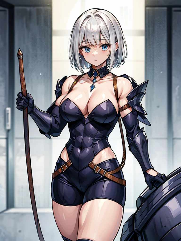 （（（masterpiece、Highest image quality、highest quality、highly detailed unity 8ｋwallpaper）））、（（Illustration of one girl））、（（（beautiful girl、Brave）））、（（white hair、very short hair、light blue eyes、Collar with a leash））、（stocky build, thickset physique, muscular legs, broad shoulders, solid chest）、（armor knight、long sword）、cursed village