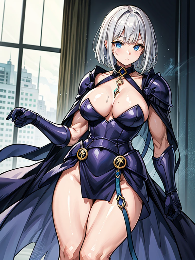 (((masterpiece、Highest image quality、highest quality、highly detailed unity 8kwallpaper)))、((Illustration of one girl))、(((beautiful girl、Brave)))、((white hair、very short hair、light blue eyes、Collar with a leash))、(stocky build, thickset physique, muscular legs, broad shoulders, solid chest)、(armor knight、long sword)、cursed village