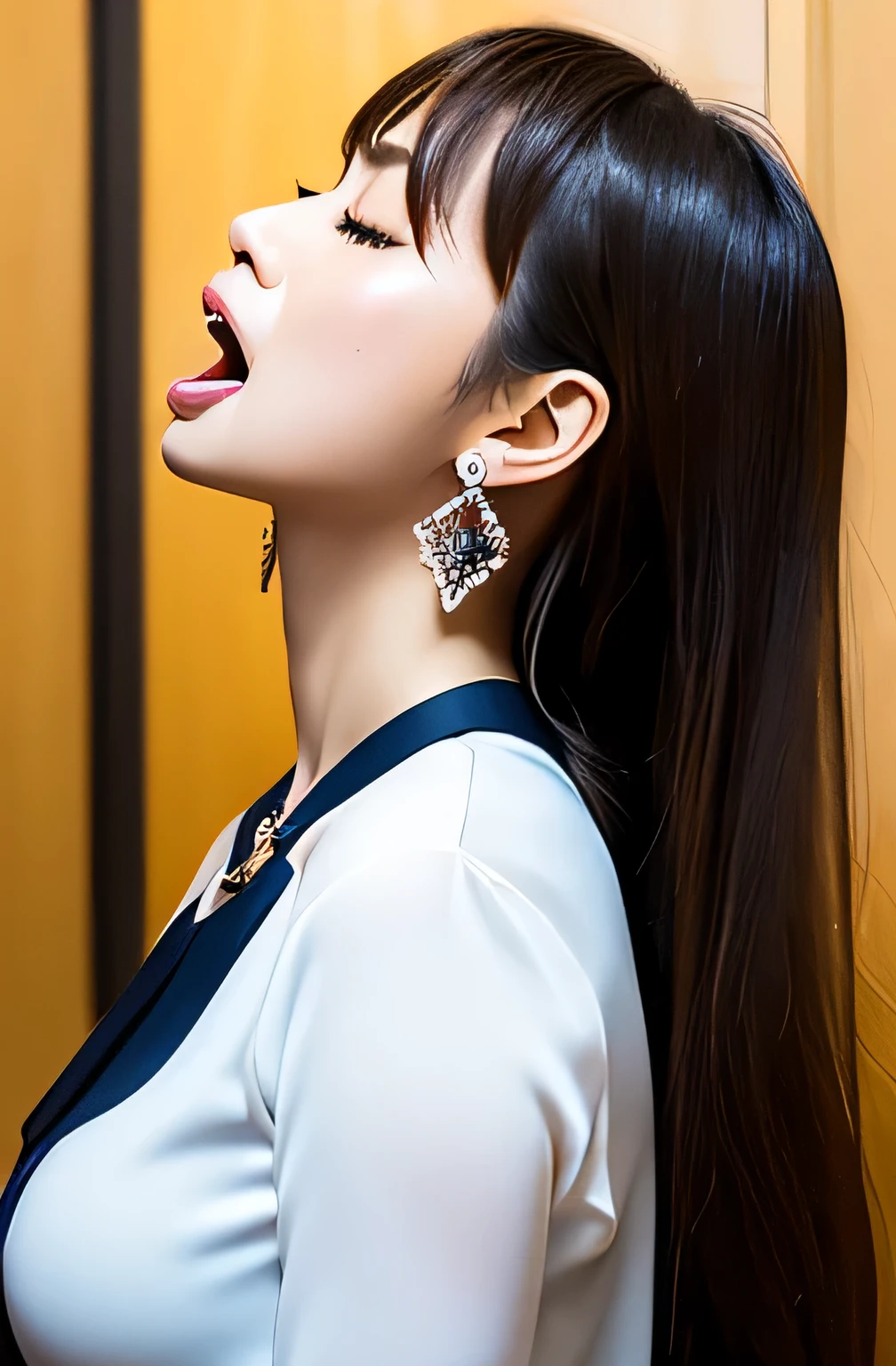 software,acrobatic pose:1.2,raise your chin:1.5,Japan&#39;the most beautiful female secretary、Open Mouth and Screaming、put your hand in front of your mouth:1.5、blush:1.5、Profile 1.3、Troubled face 1.3、climax expression 1.3、Half-closed eyes 1.3、Blank gaze:1.3、pure white skin、dark brown long hairstyle、high resolution eyes、brown eyes、（thin lipstick、huge boobs:1.2)、thin eyebrows、necklace、earrings、ticker, Super detailed、written boundary depth
