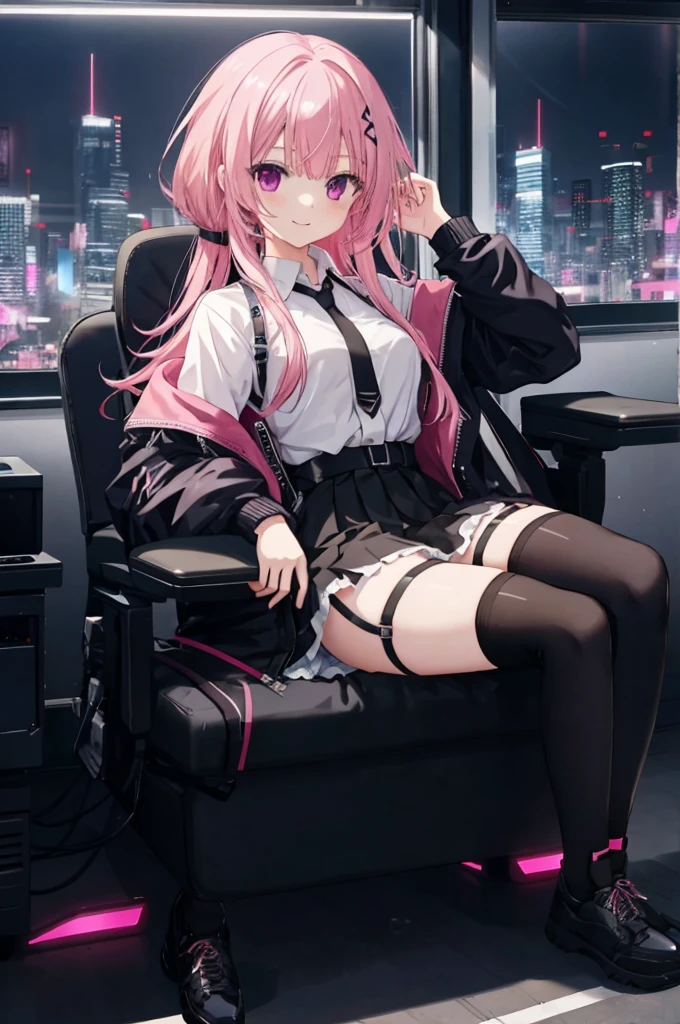 a girl，solo，long pink hair，gentle，Smile，Medium-hair long，dishiveredhair，black black jacket，white shirt，black skirt，black shoes，cyberpunk characters,night, night city background，Digital punk, anime style 4k, sit in a gaming chair，indoors，in the bedroom，black garter straps，mitsukasa ayase、Character-centric
