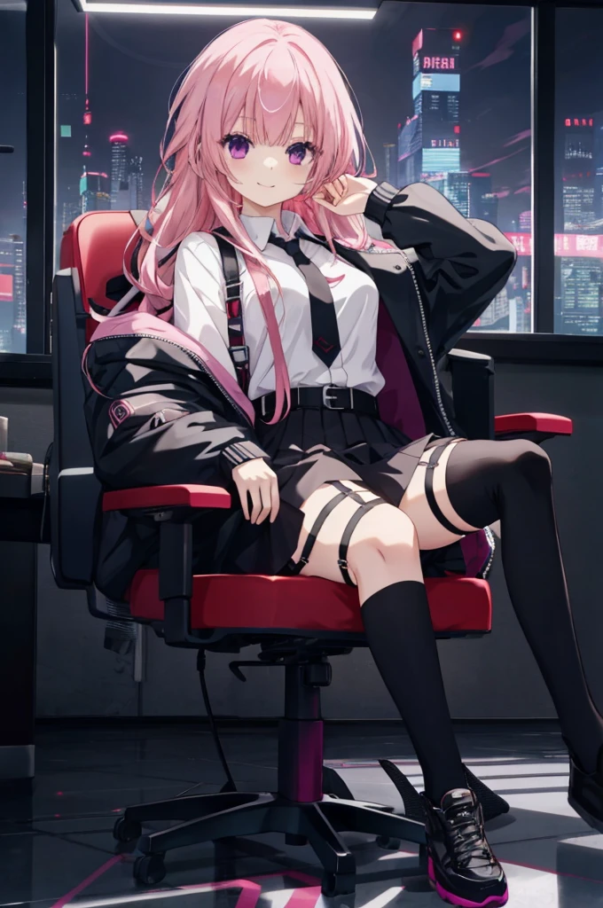 a girl,solo,long pink hair,gentle,Smile,Medium-hair long,dishiveredhair,black black jacket,white shirt,black skirt,black shoes,cyberpunk characters,night, night city background,Digital punk, anime style 4k, sit in a gaming chair,indoors,in the bedroom,black garter straps,mitsukasa ayase、Character-centric