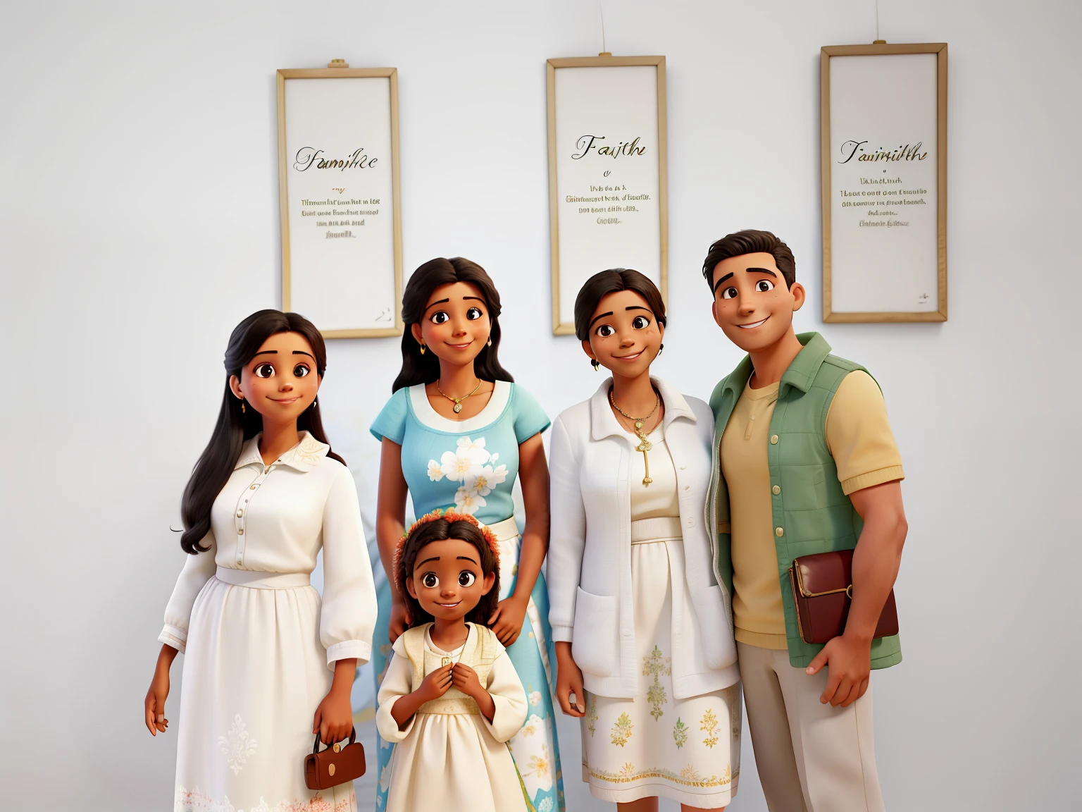 A family smiling, in the background three paintings with the words FAITH, FAMILY and Gratitude, posando para foto de ano novo.