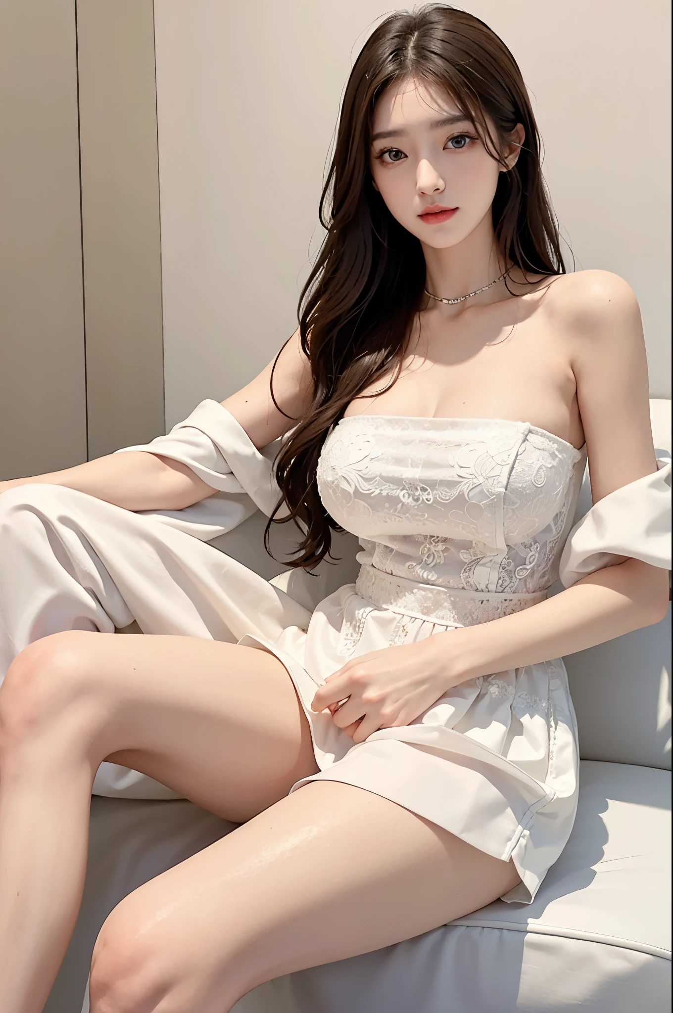 Sweet girl clothes4,strapless dress,jewelry, ((knee shot)), slim body, slender legs, A plump chest, masterpiece、highest image quality、high quality、beautiful woman、Korean popular makeup、details、swollen eyes、details眼睛、beautiful skin、超high resolution、very very beautiful、beautiful skin、(surreal)、(Enlightenment)、(high resolution)、(8k)、(非常details)(The best Enlightenmentneautifully detailed eyes)、(超details)、purebred face_v1、a smile、Photorealistic、bright lights、professional lighting、、hair length、、Fashionable long bangs