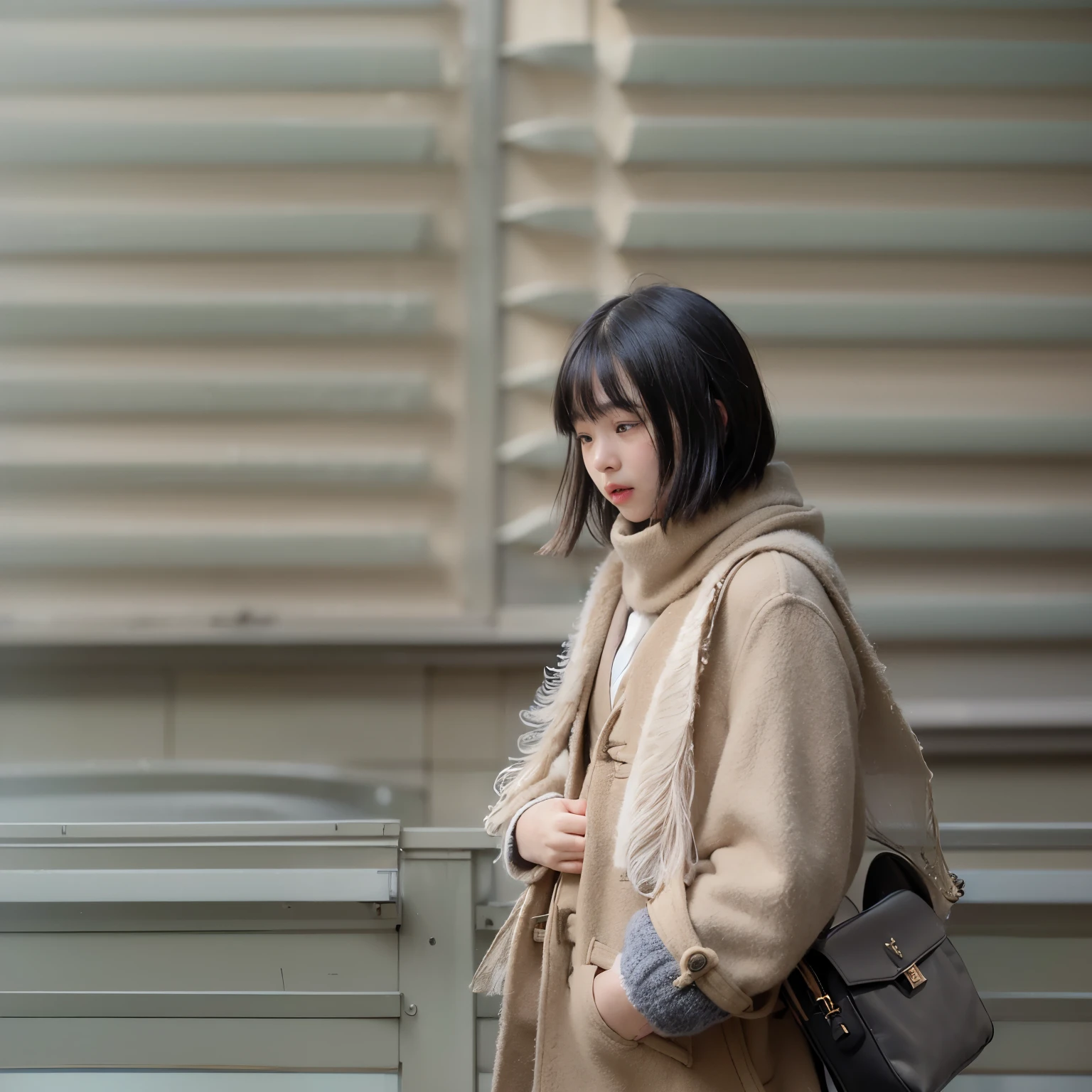 masterpiece、highest quality、super realistic、surreal、Ultra high definition、8k、Raw photo、textured skin、One Nogizaka girl,(16 years old,medium bob hair,bangs,black hair,floating hair,slim,small face,chest is small,thin waist,small ass,Are crying:1.5),(light fly duffel coat、scarf:1.2)、terminal station platform、lean on a pillar、crowd(Natural light、strong sunlight、Moving the chart, film grain、full body shot、profile、profile、It's blurry、very long shot、letterbox、negative space、Sigma 85mm F/1.4)、finder