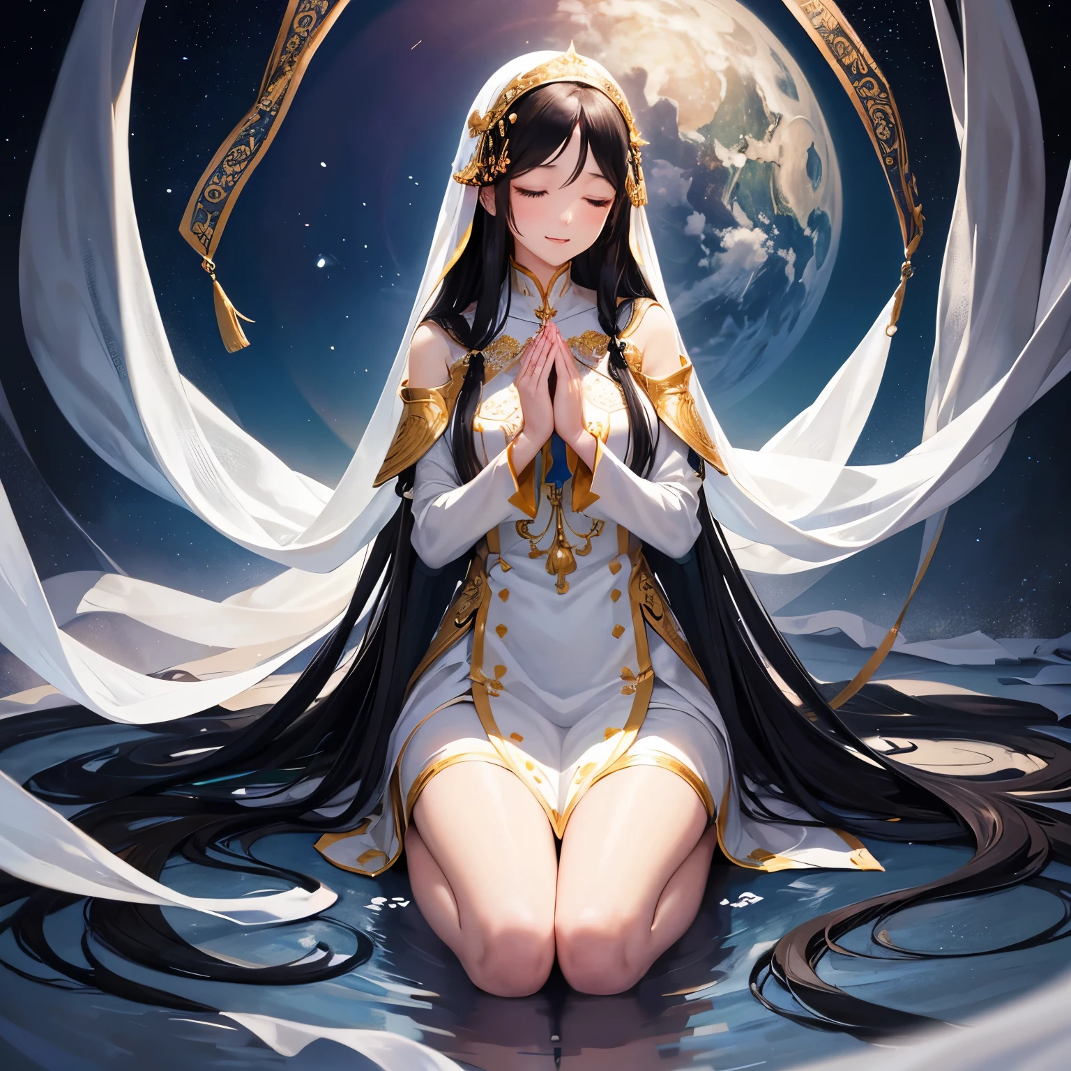 beautiful long black hair hairstyles、disorganized、Neat and clean priestess costume、eyes closed、Very beautiful and delicately shining eyes、Beautiful smile with attention to detail、profile、;D、beautiful and delicate flowing hair、prayer pose、Beautiful delicate and detailed hands、very delicate and detailed fingers、turn your hand to you、solo、Super beautiful illustration、Show whole body、cute and beautiful, Beautiful face very delicate and detailed、tilting one's face upwards、fantastic background、big rainbow